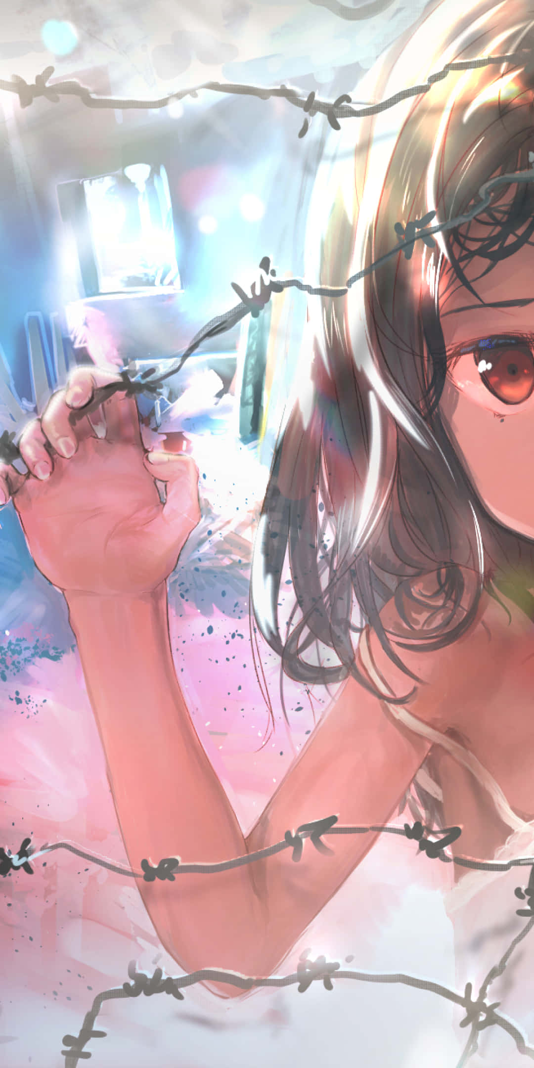 anime girl, red eyes, barbed wire, Full HD Phone Wallpaper