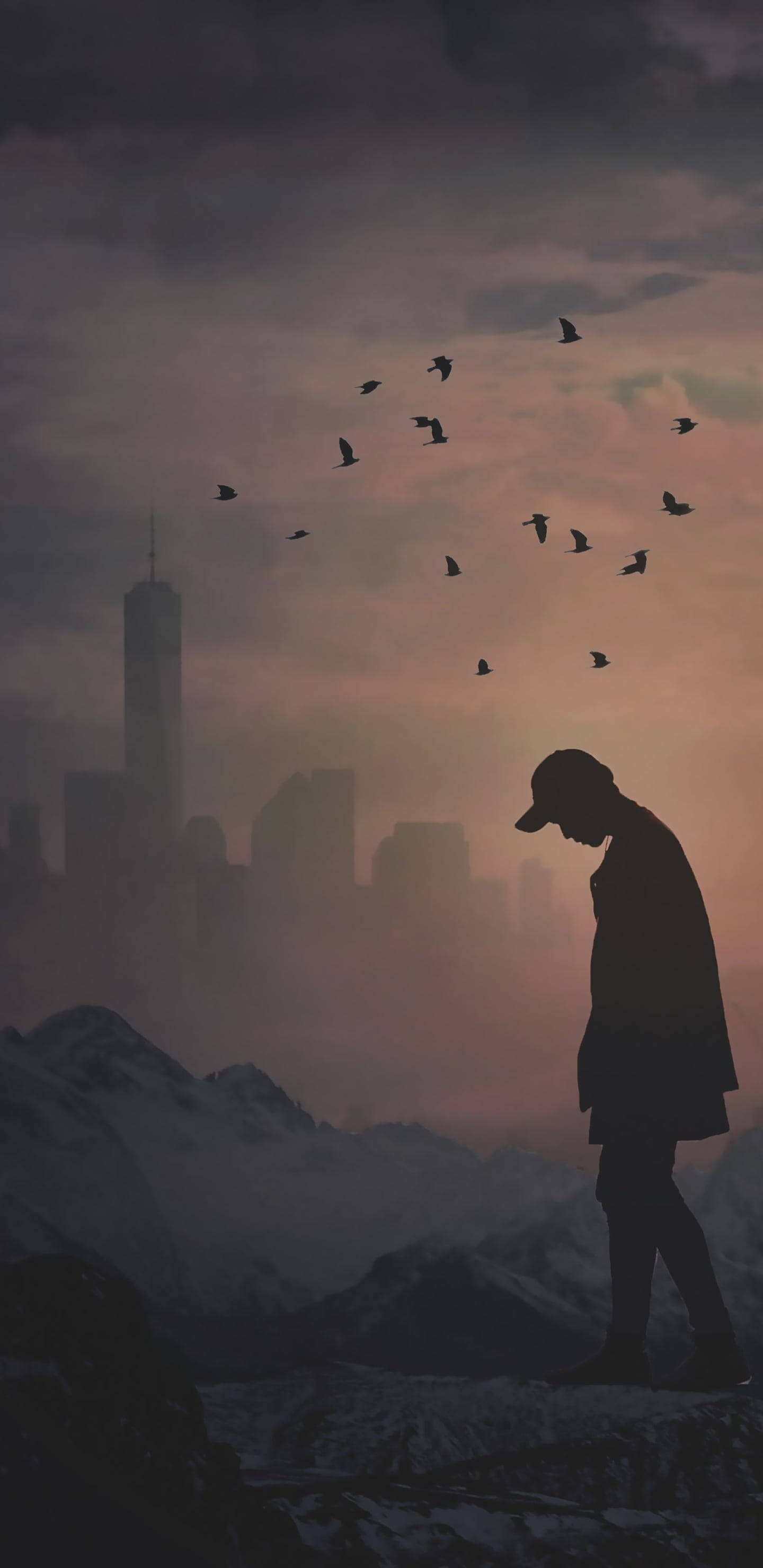 snowy mountains, dusk, hazy city skyline, 2K Phone Wallpaper