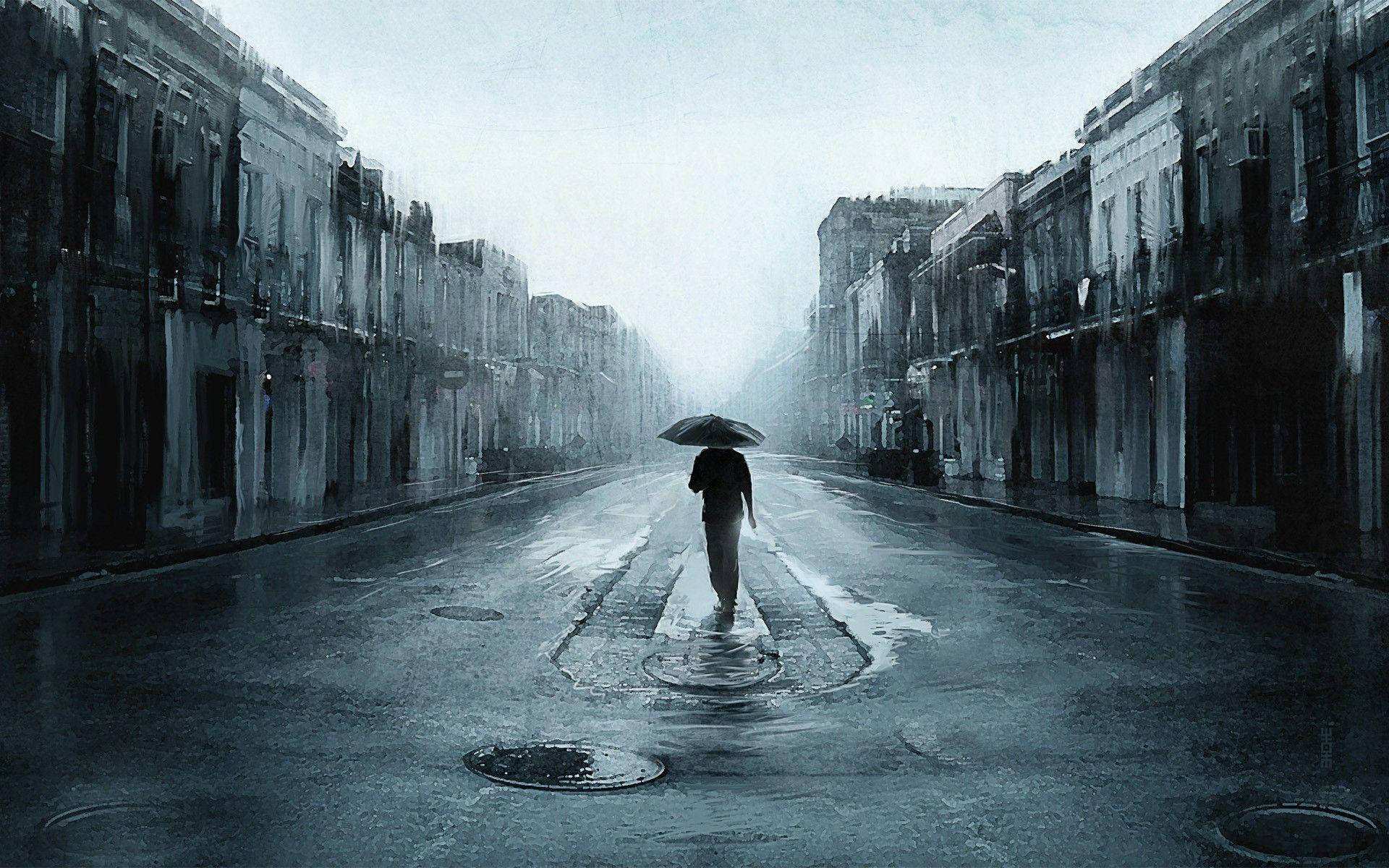 umbrella, rain-slicked city street, tall buildings, Full HD Desktop Wallpaper