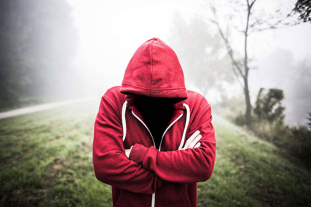red hoodie, foggy path, arms crossed, SD Desktop Wallpaper