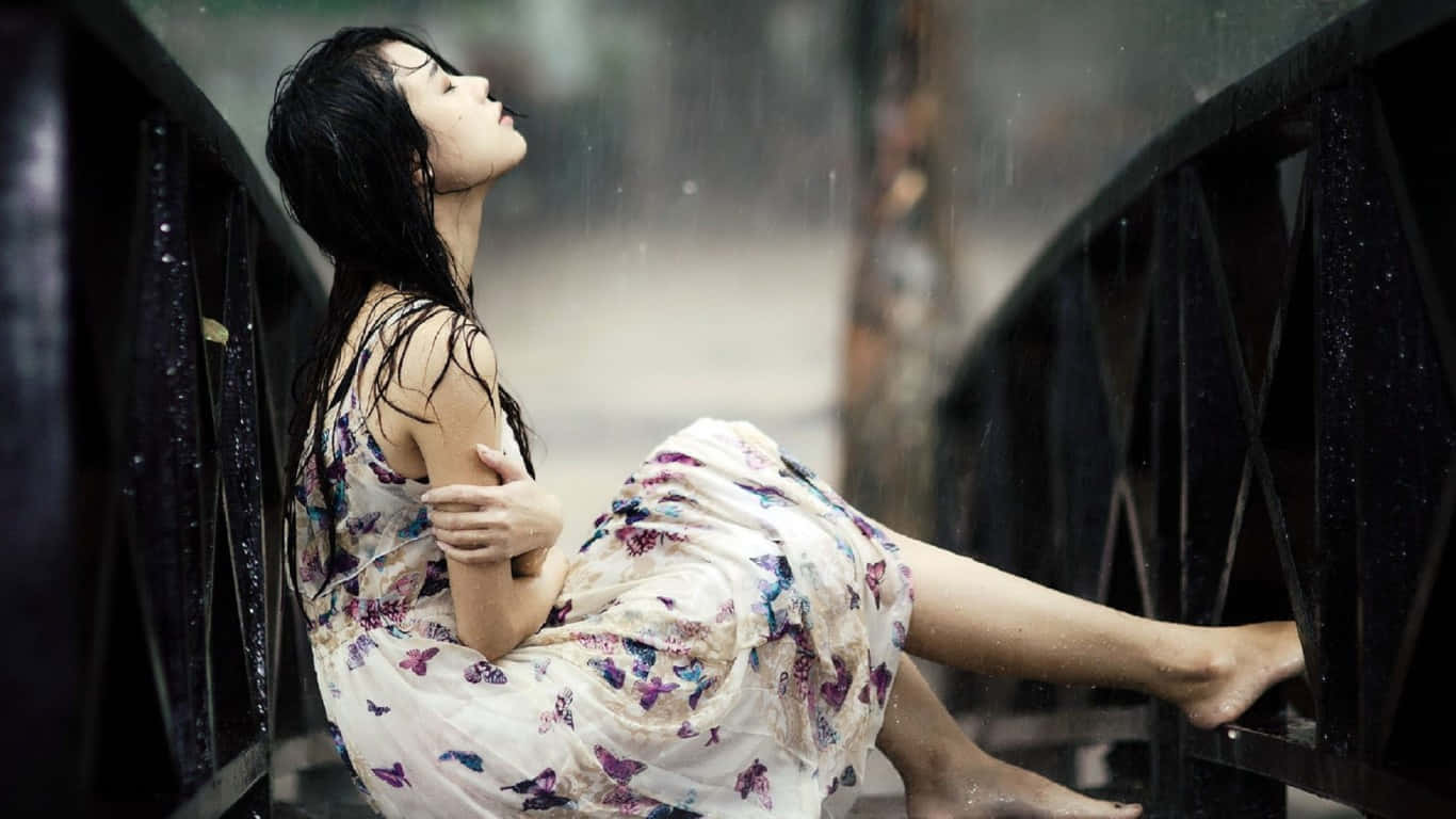 floral dress, bridge railing, rain, HD Desktop Wallpaper