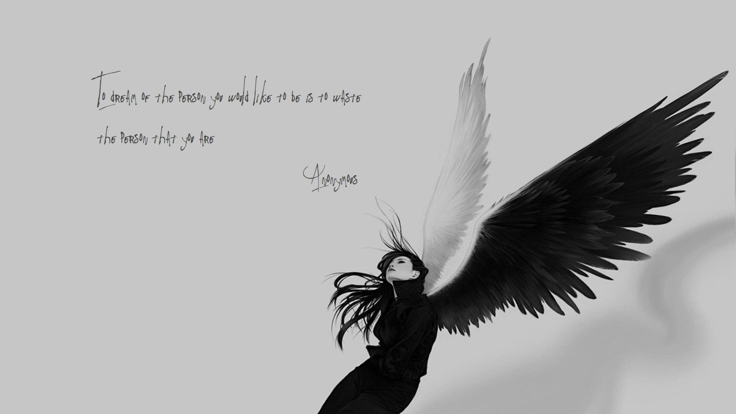monochrome illustration, woman with contrasting black and white wings, plain gray background, Full HD Desktop Wallpaper