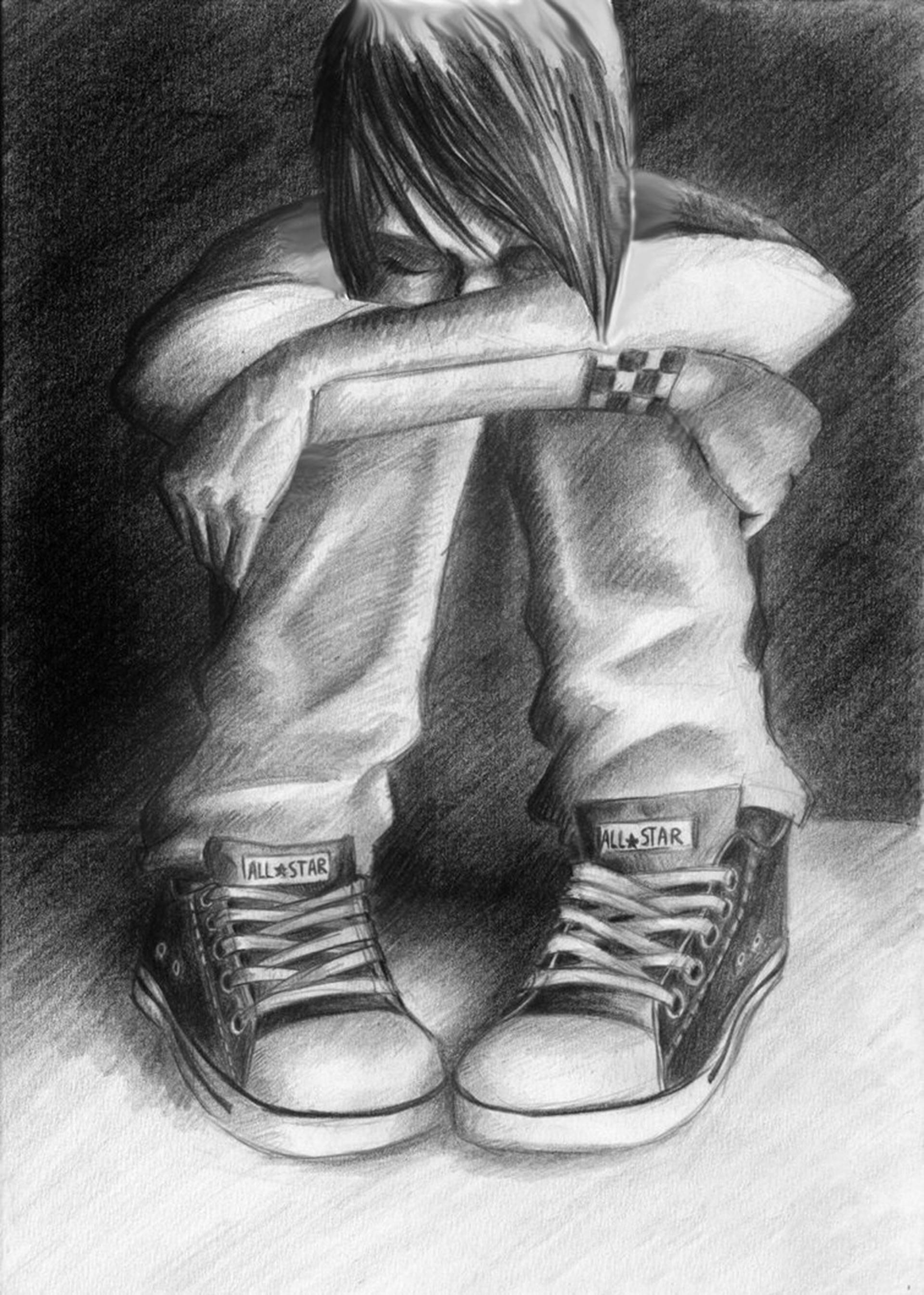 All Star sneakers, charcoal drawing, hunched person, 2K Phone Wallpaper