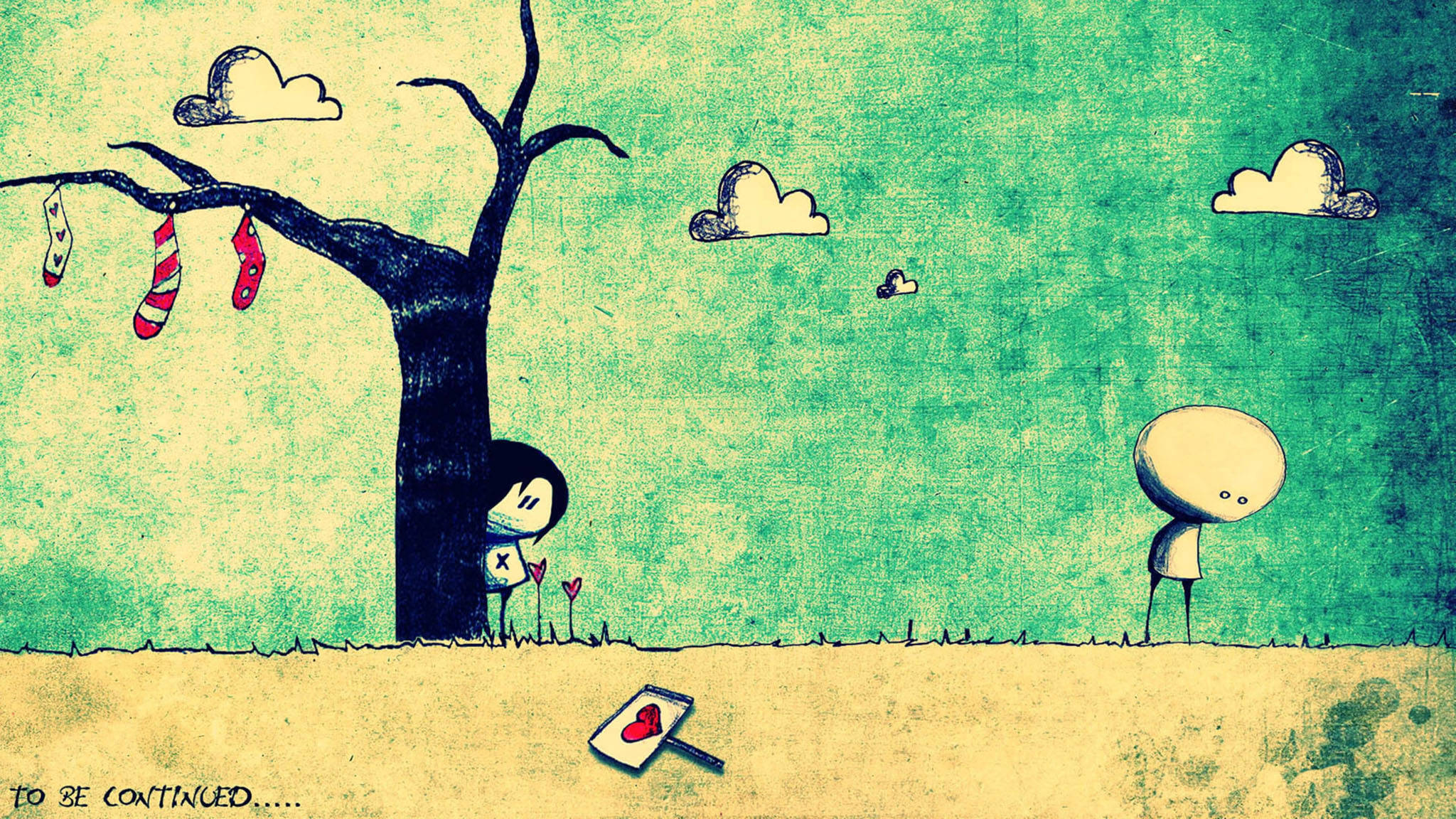 Lovers Sad Drawing, teal sky, barren field, Full HD Desktop Wallpaper