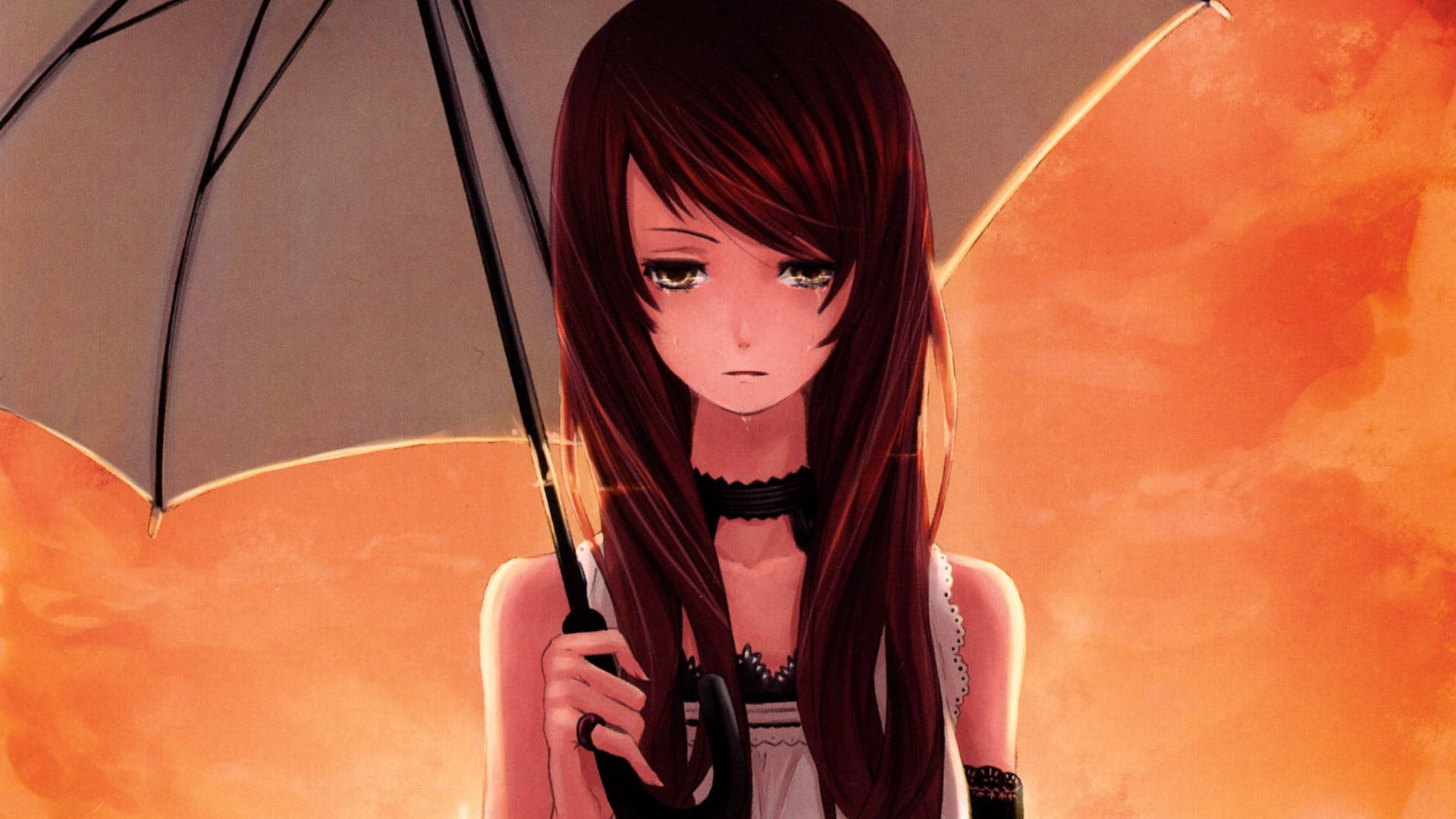 anime girl, long dark hair, black umbrella, Full HD Desktop Wallpaper