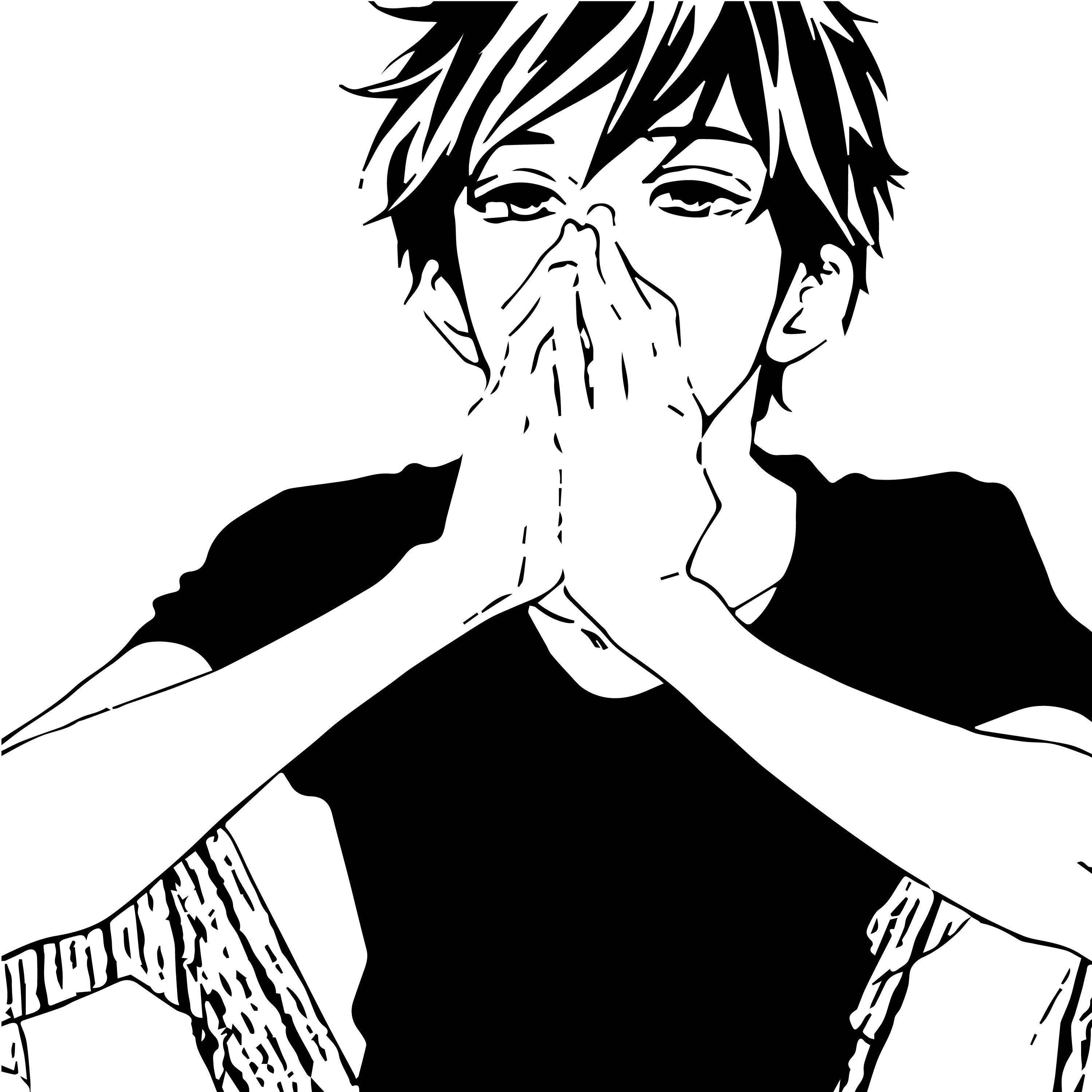 black and white line-art illustration, young man, covering his mouth with both hands, 2K Desktop Wallpaper