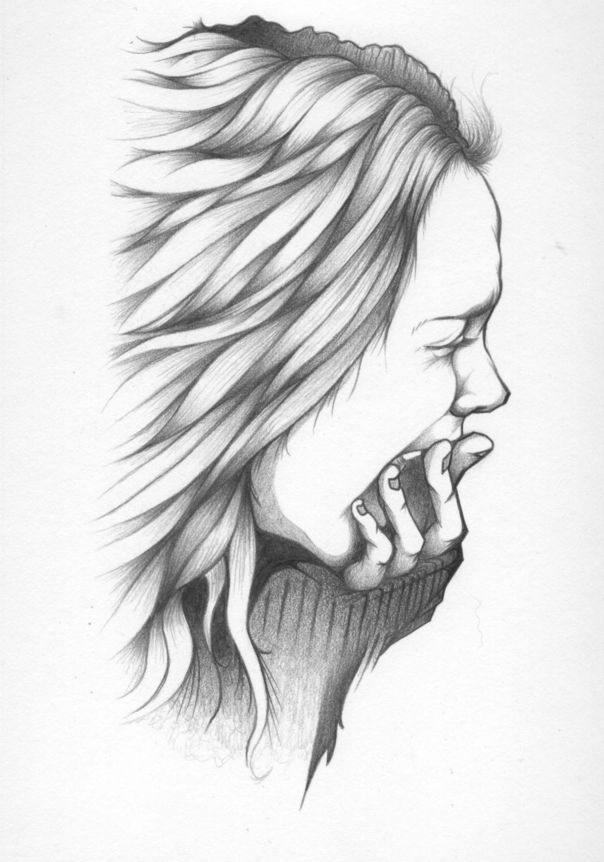 Shrieking Sad Drawing, pencil sketch, woman in profile, 2K Phone Wallpaper