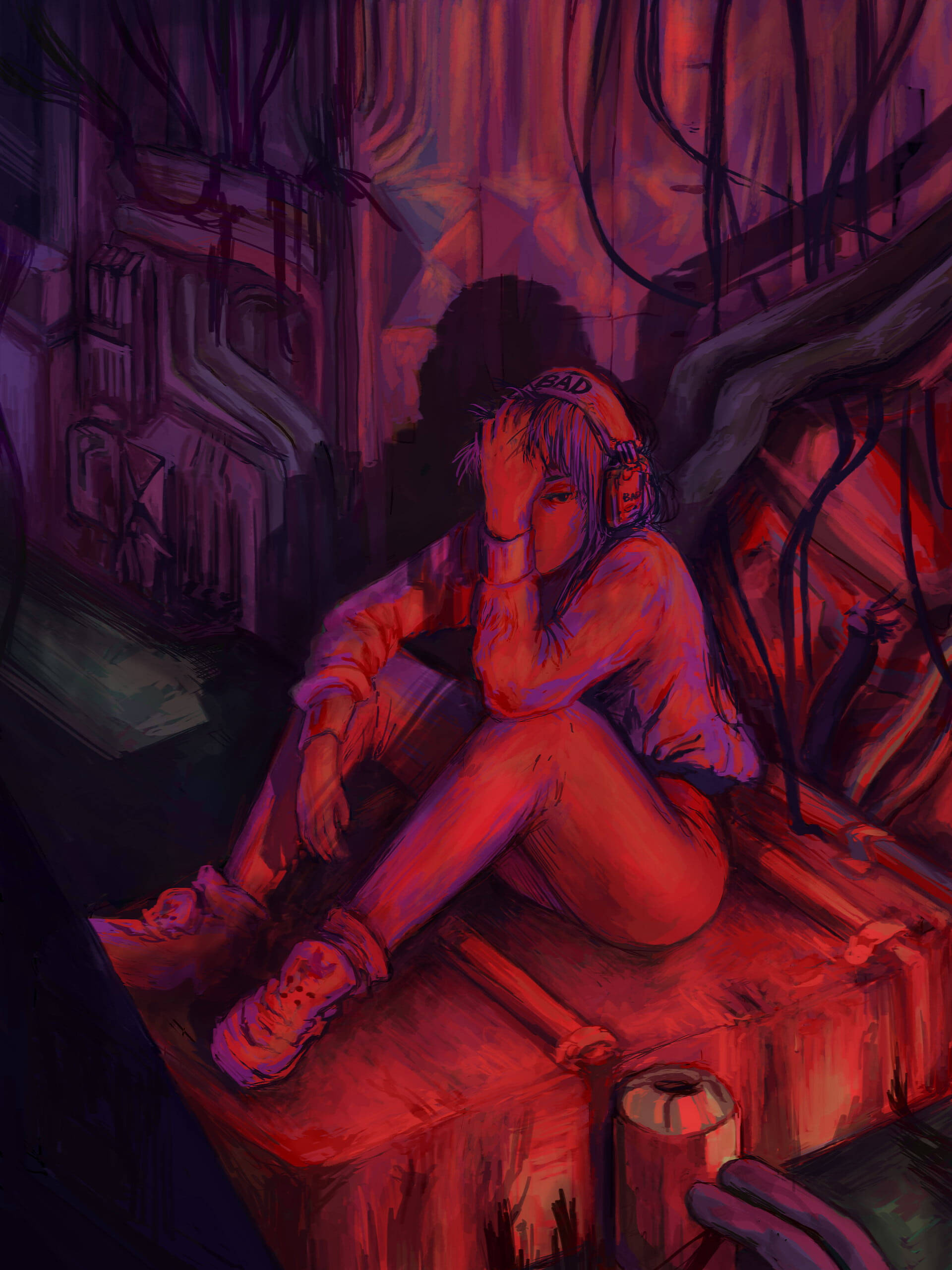 red aesthetic girl, lone figure, dimly lit, 2K Phone Wallpaper