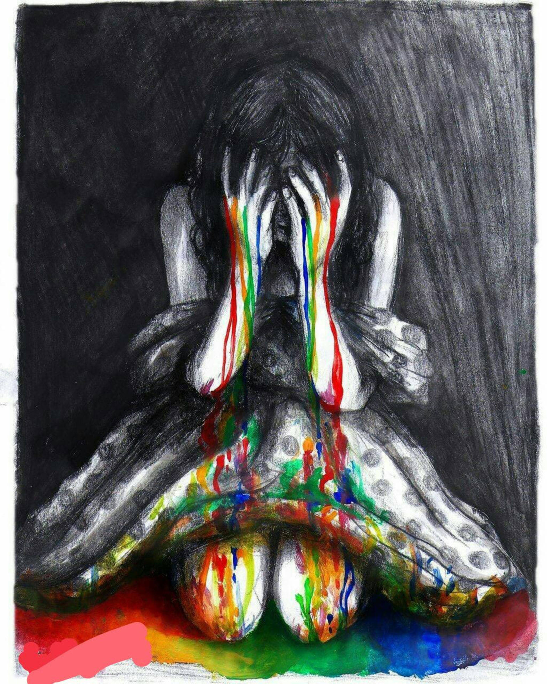 grayscale figure, vibrant rainbow tears, colorful puddle, Full HD Phone Wallpaper