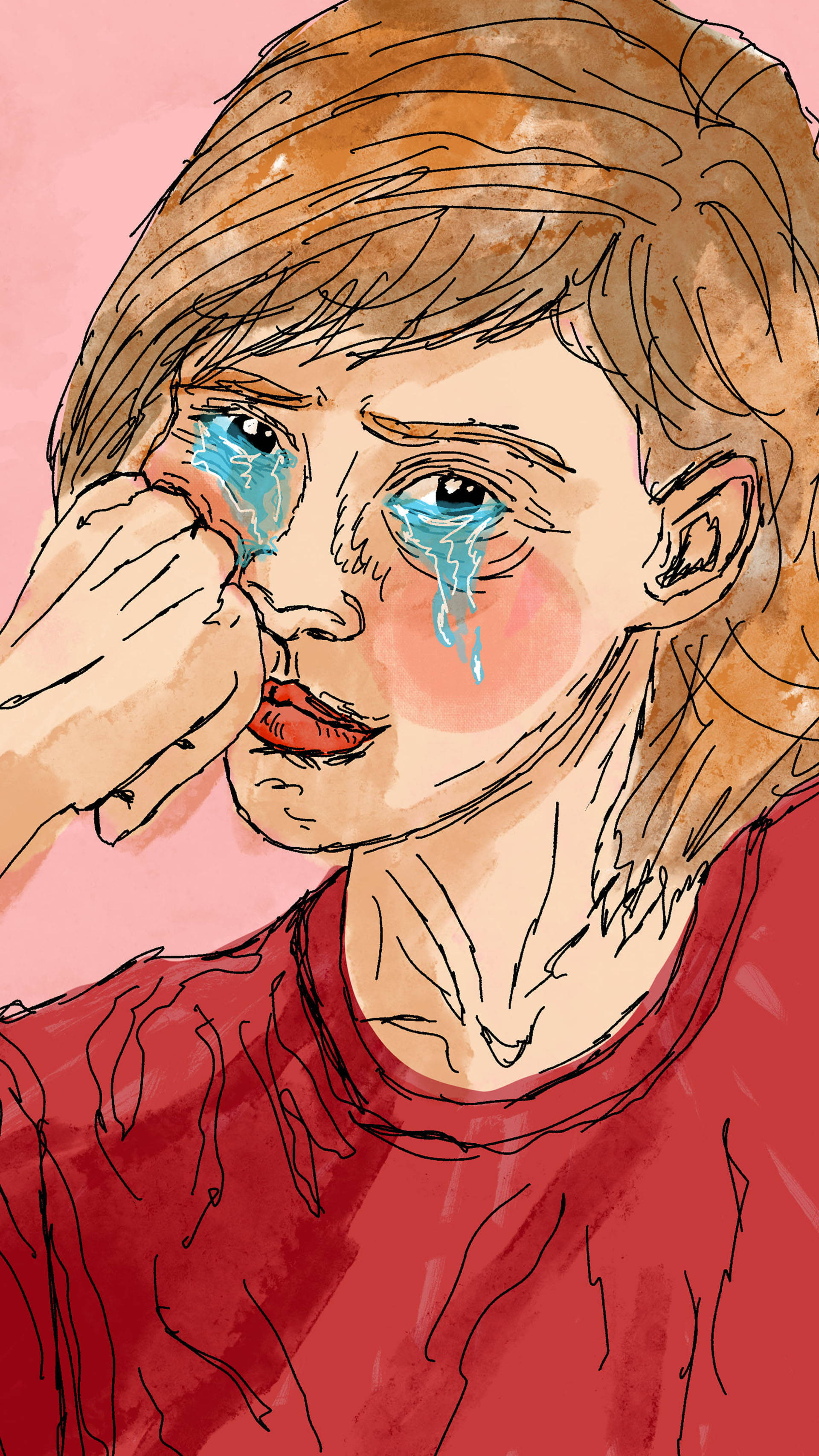 watercolor illustration, brown hair, crying blue tears, 2K Phone Wallpaper