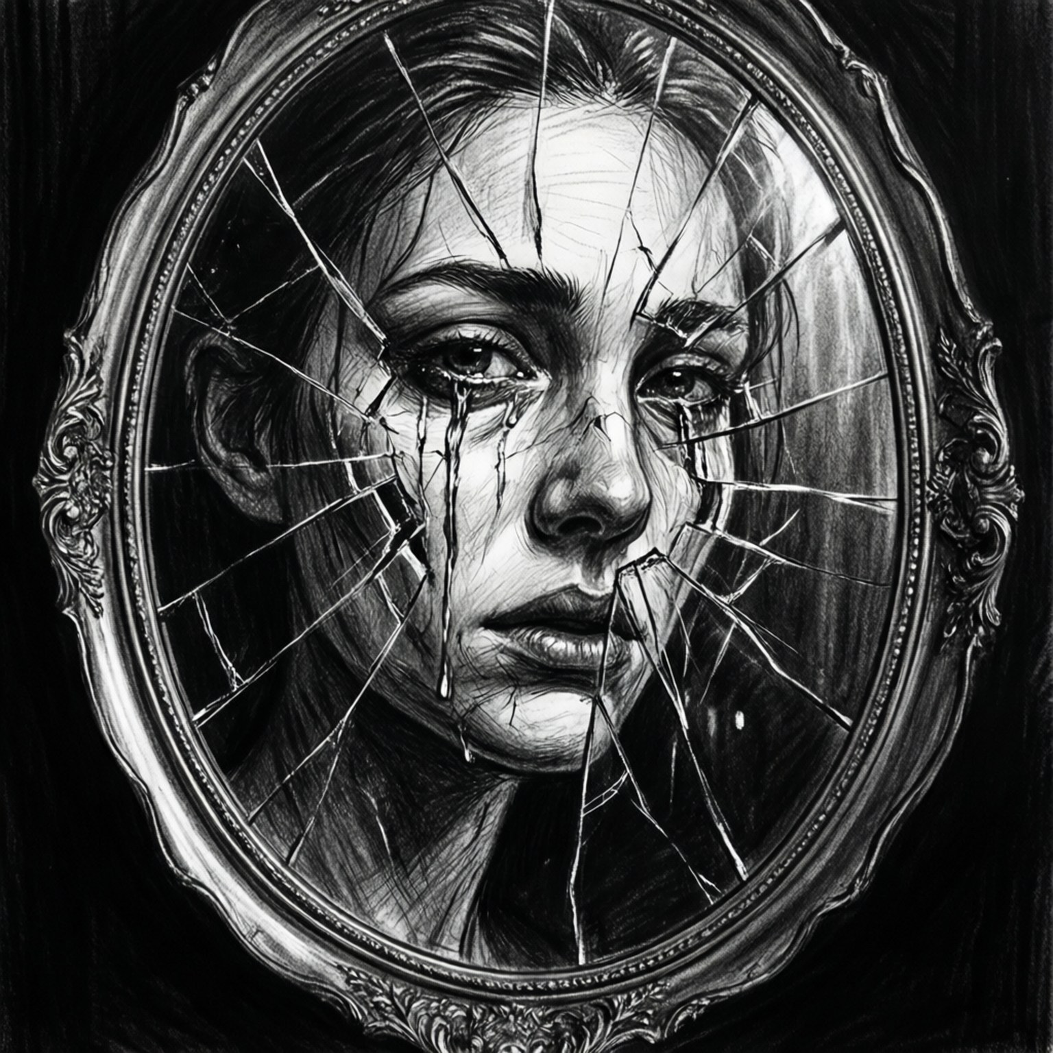 shattered ornate mirror, woman's tear-streaked face, black and white portrait, HD Desktop Wallpaper