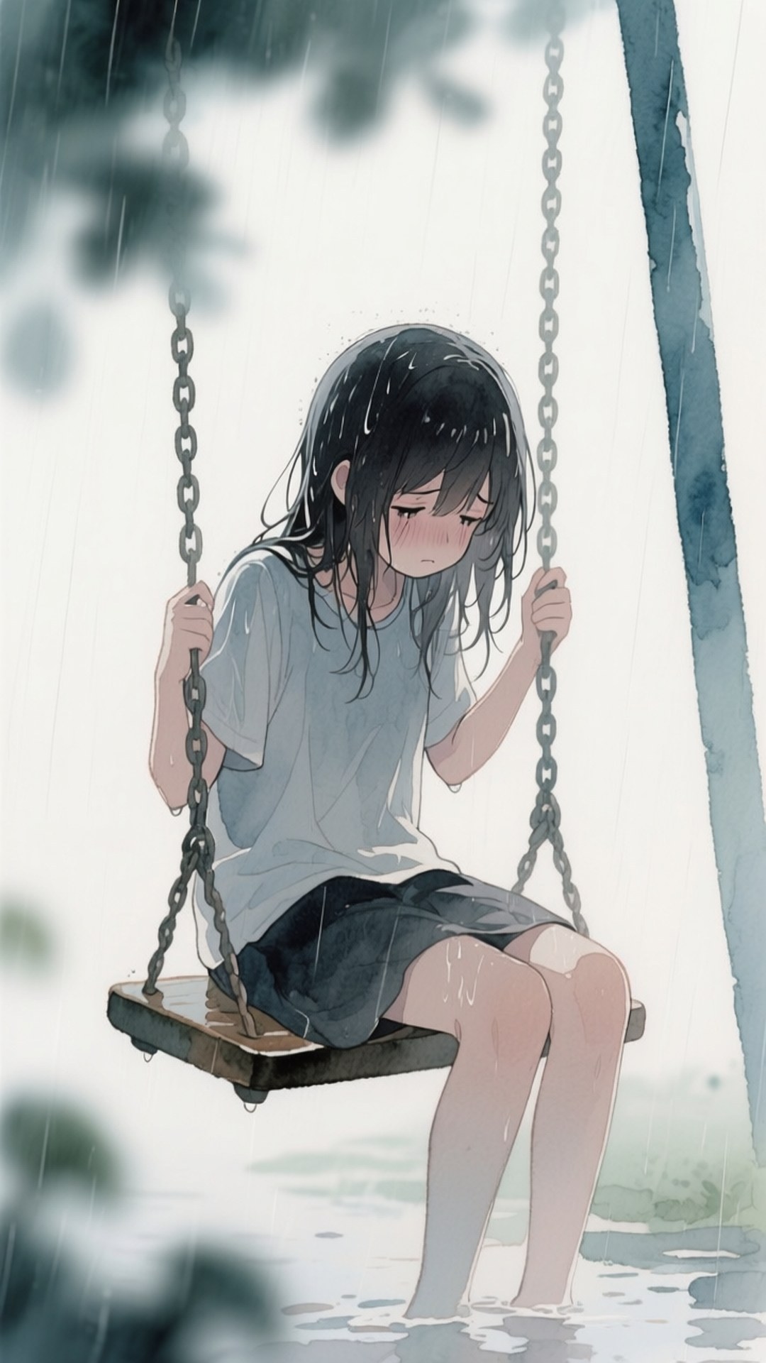 rainy swing, melancholic anime girl, wet dark hair, Full HD Phone Wallpaper