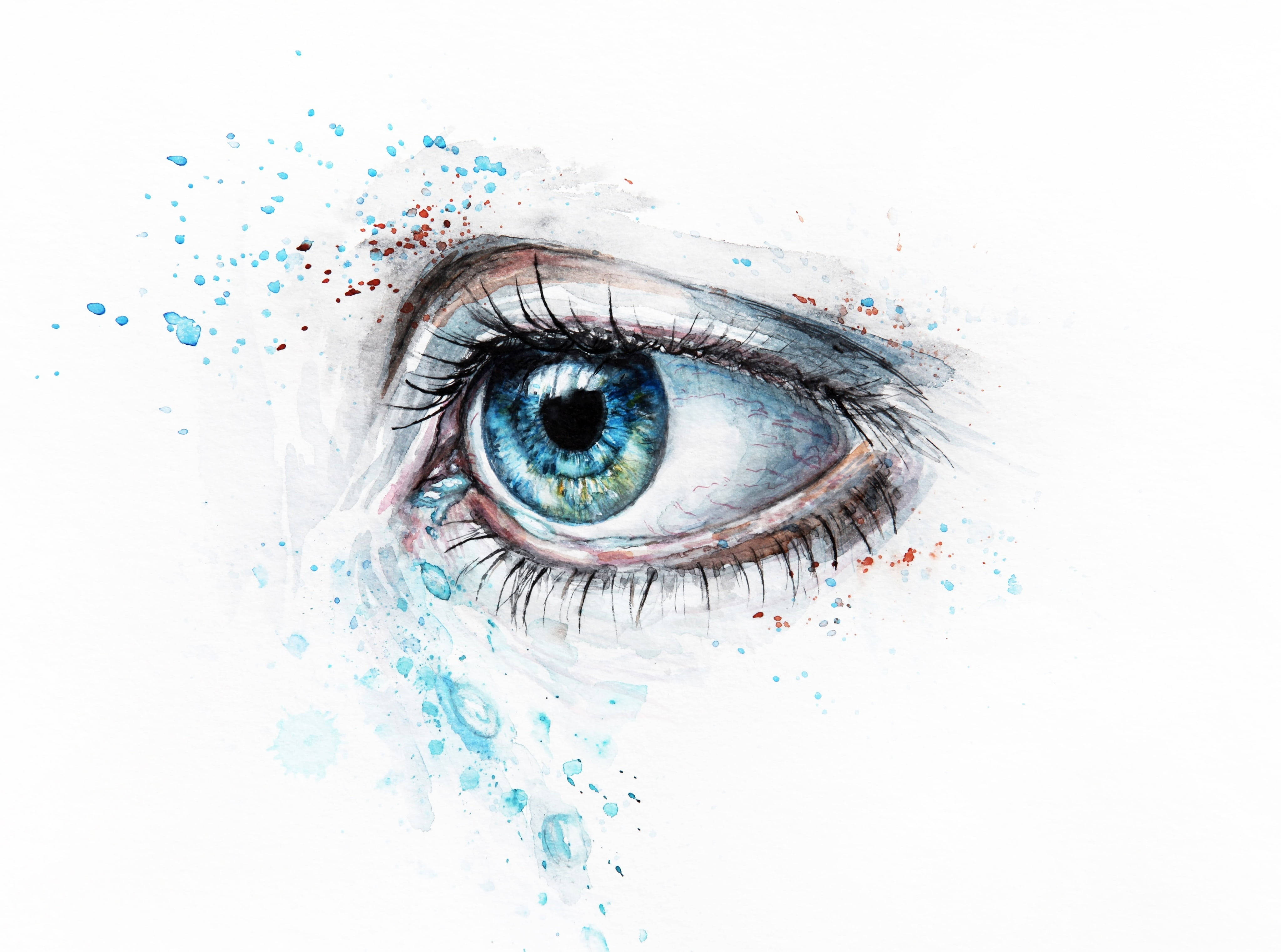 blue eye, watercolor illustration, expressive lashes, 4K Desktop Wallpaper