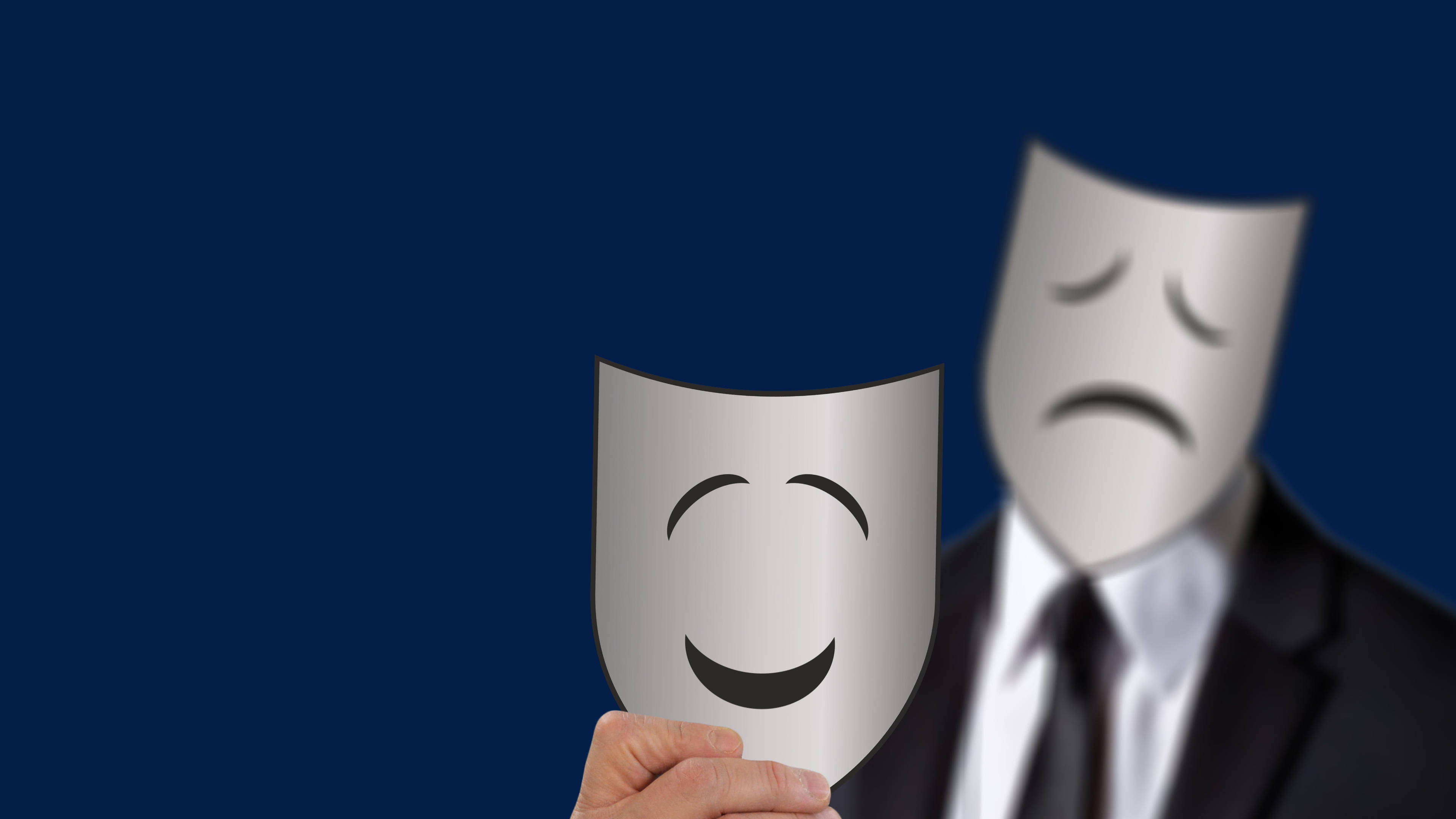 sad mask, suited figure, theater mask, 4K Desktop Wallpaper
