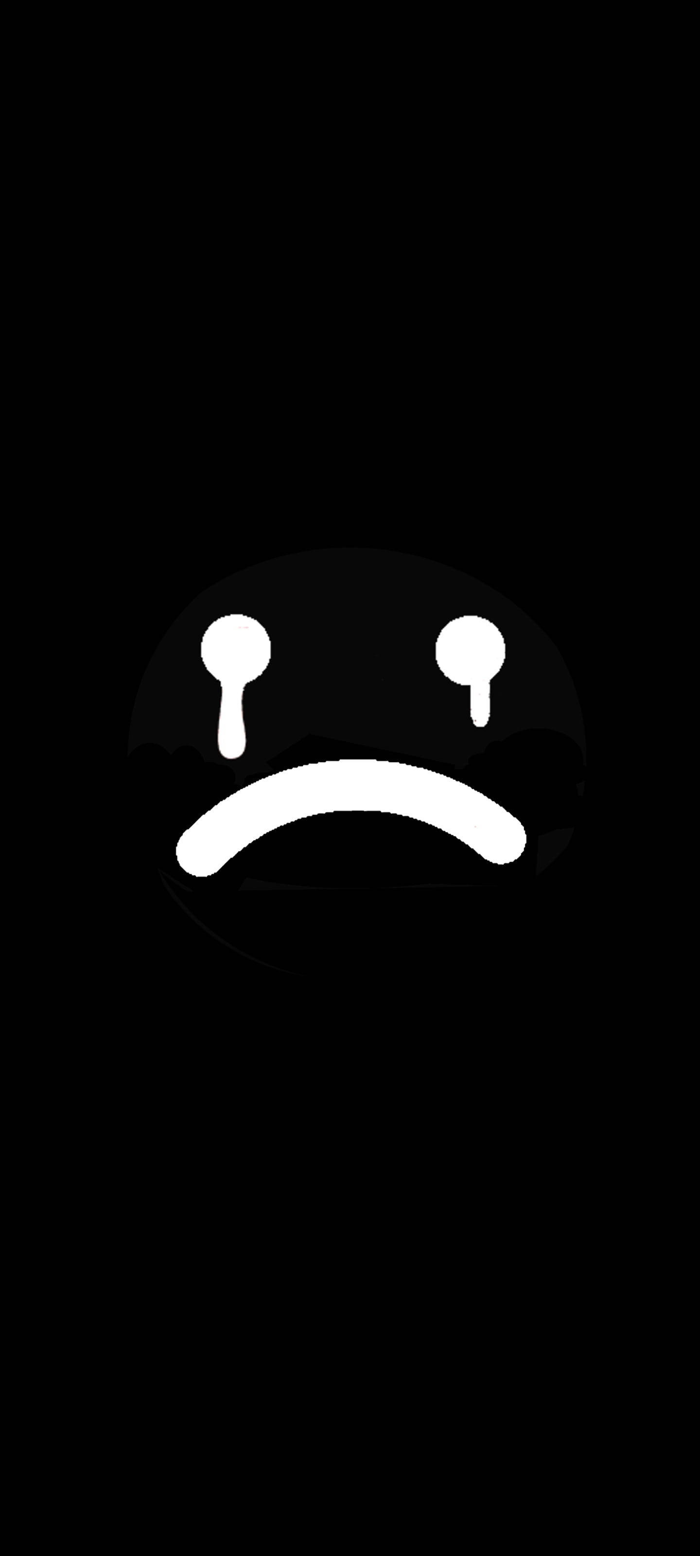 sad boy cartoon emoji, teardrops, solid black background, 2K Phone Wallpaper