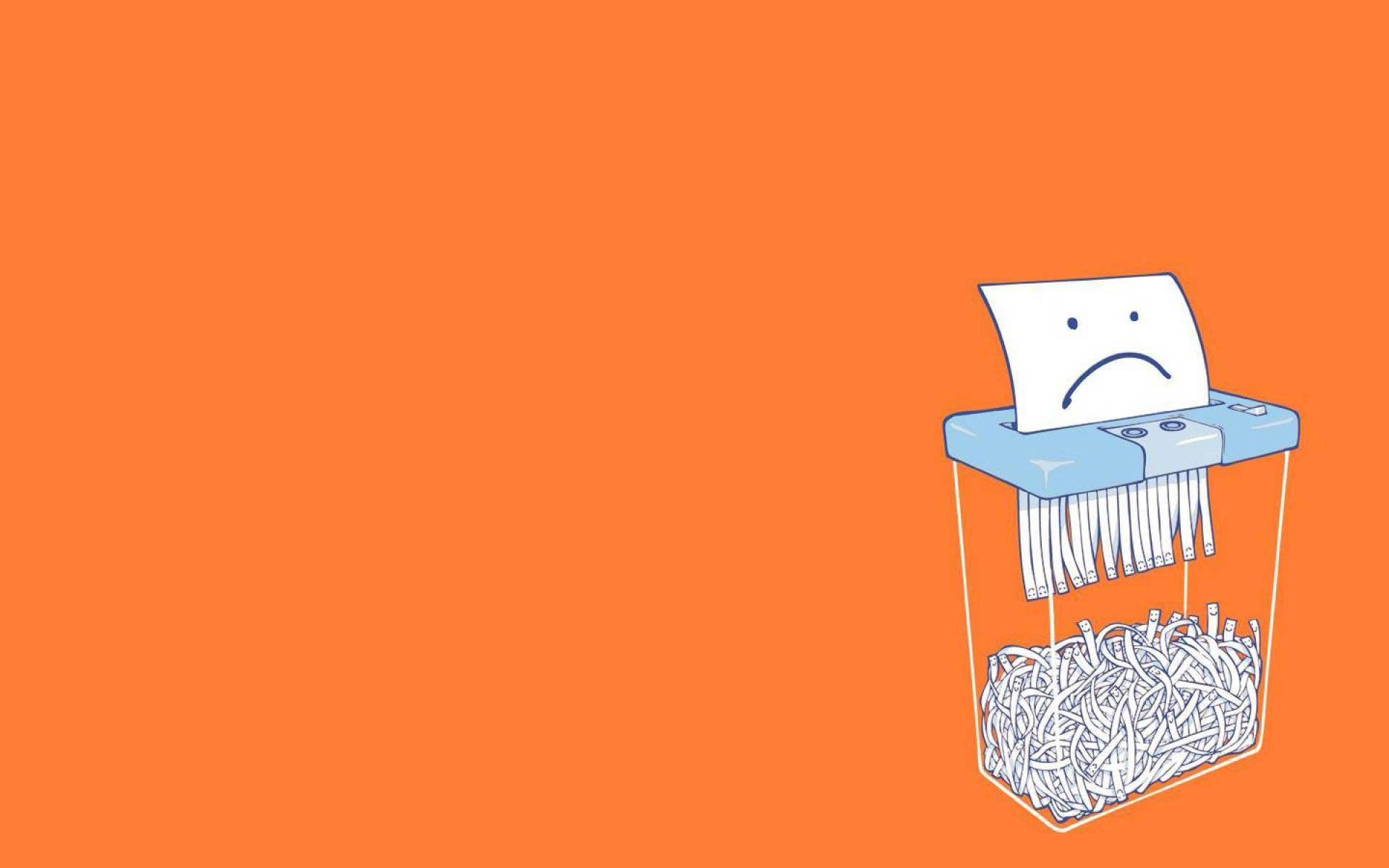 sad-faced paper document, blue paper shredder, solid orange background, Full HD Desktop Wallpaper