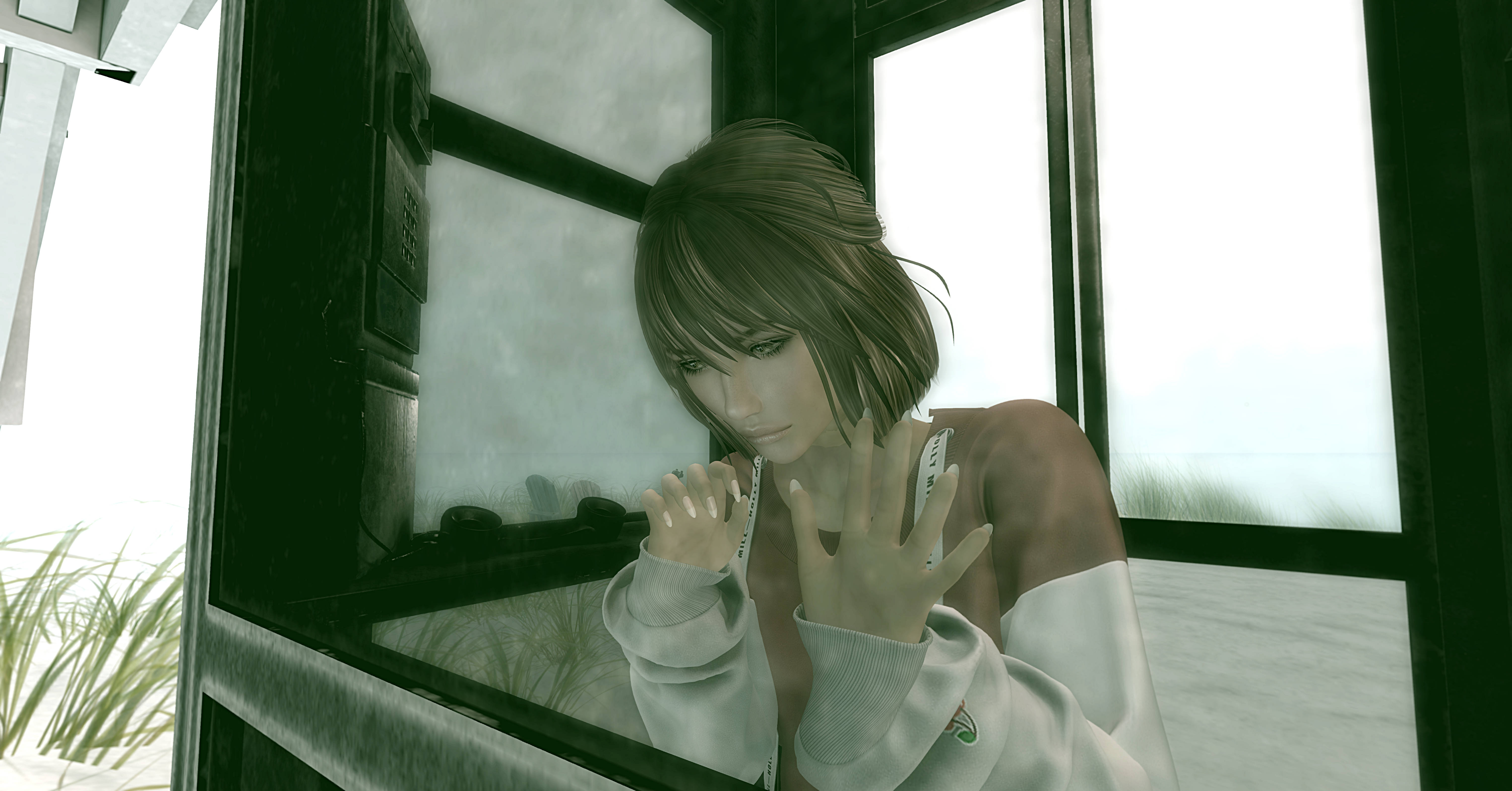 young woman, short brown hair, glass window, 5K Desktop Wallpaper