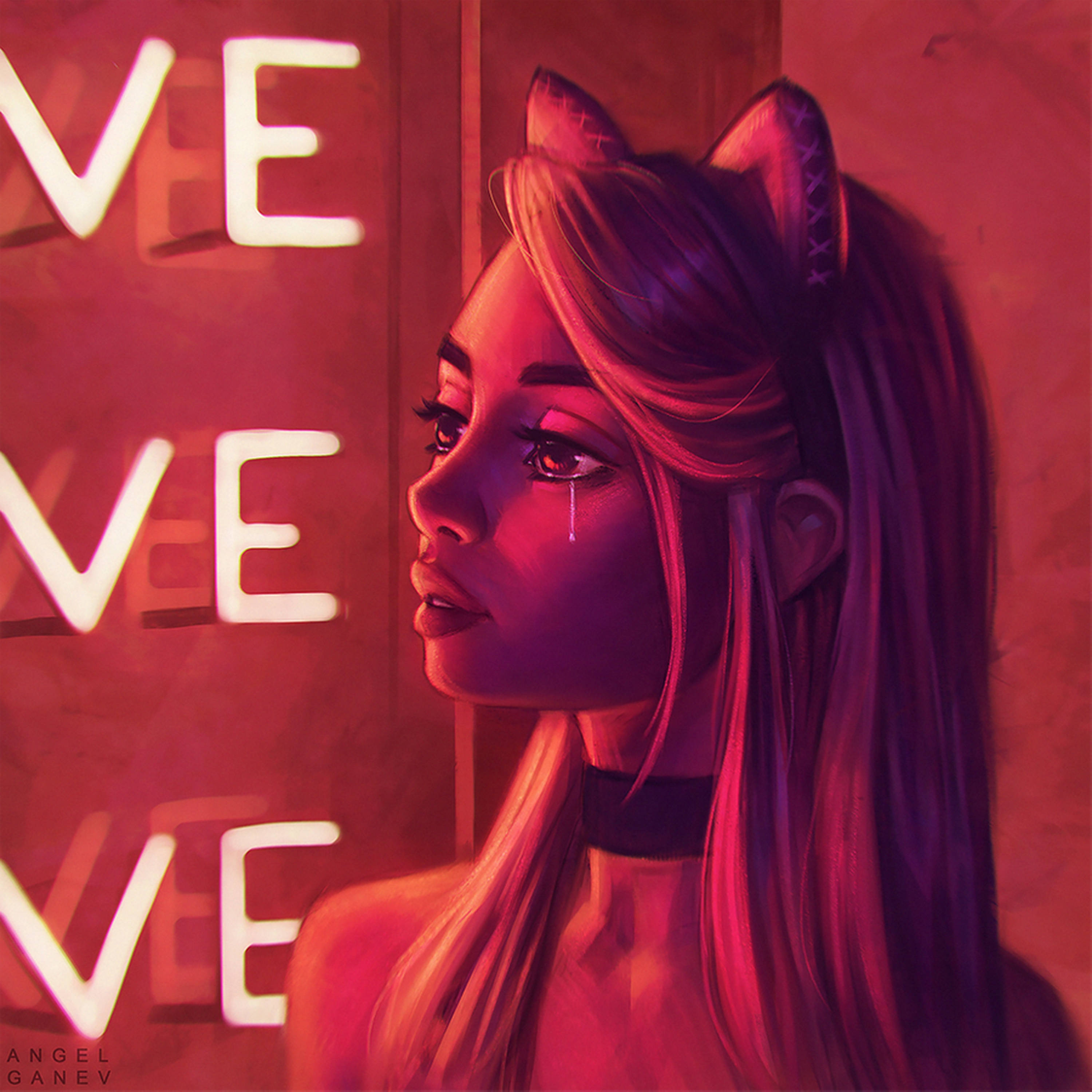 anime girl, cat ears, neon love signs, 2K Desktop Wallpaper