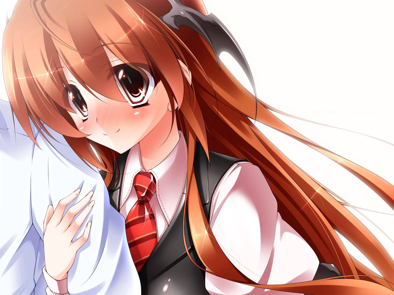 anime school girl, long orange hair, red tie, HD Desktop Wallpaper