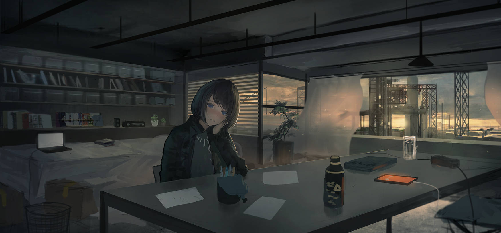 anime girl, laptop table, cluttered desk, HD Desktop Wallpaper