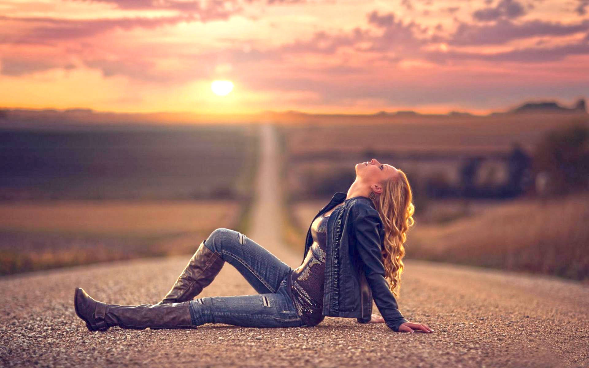 Sad Girl, rural road, sunset, Full HD Desktop Wallpaper
