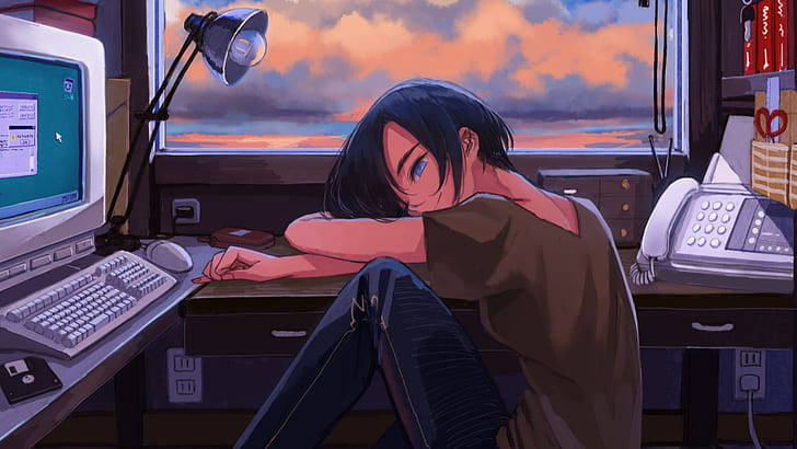 anime girl, laptop, cluttered desk, SD Desktop Wallpaper