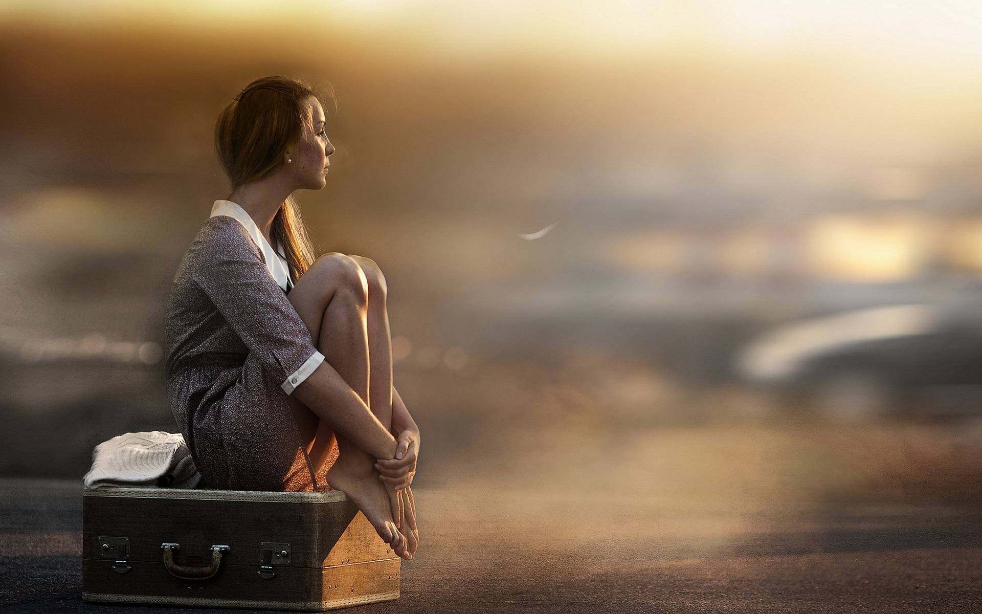 Sad Girl, vintage suitcase, hazy sunset, Full HD Desktop Wallpaper