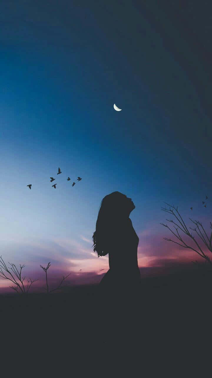 Loner Girl, crescent moon, twilight sky, HD Phone Wallpaper