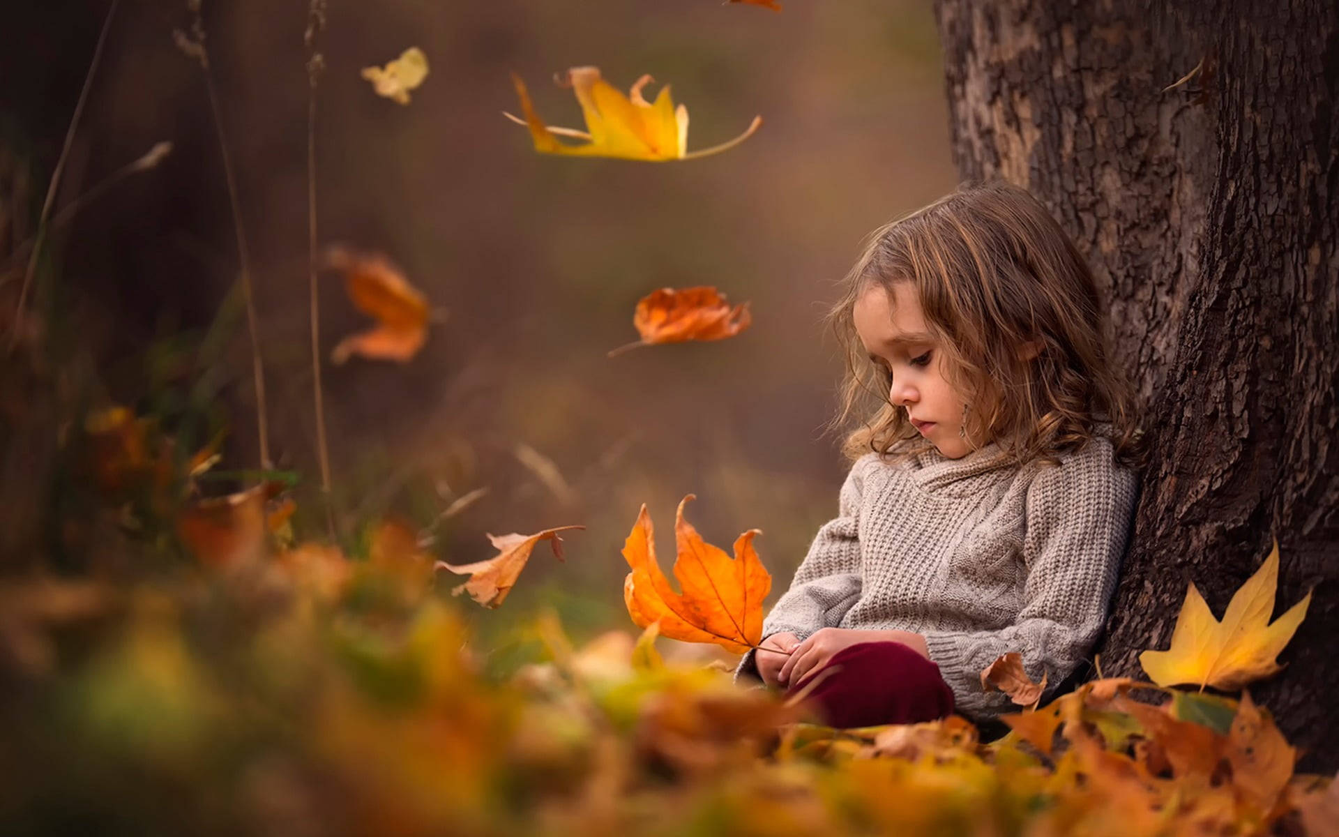 Pretty Sad Girl Autumn, knit sweater, golden autumn leaves, Full HD Desktop Wallpaper