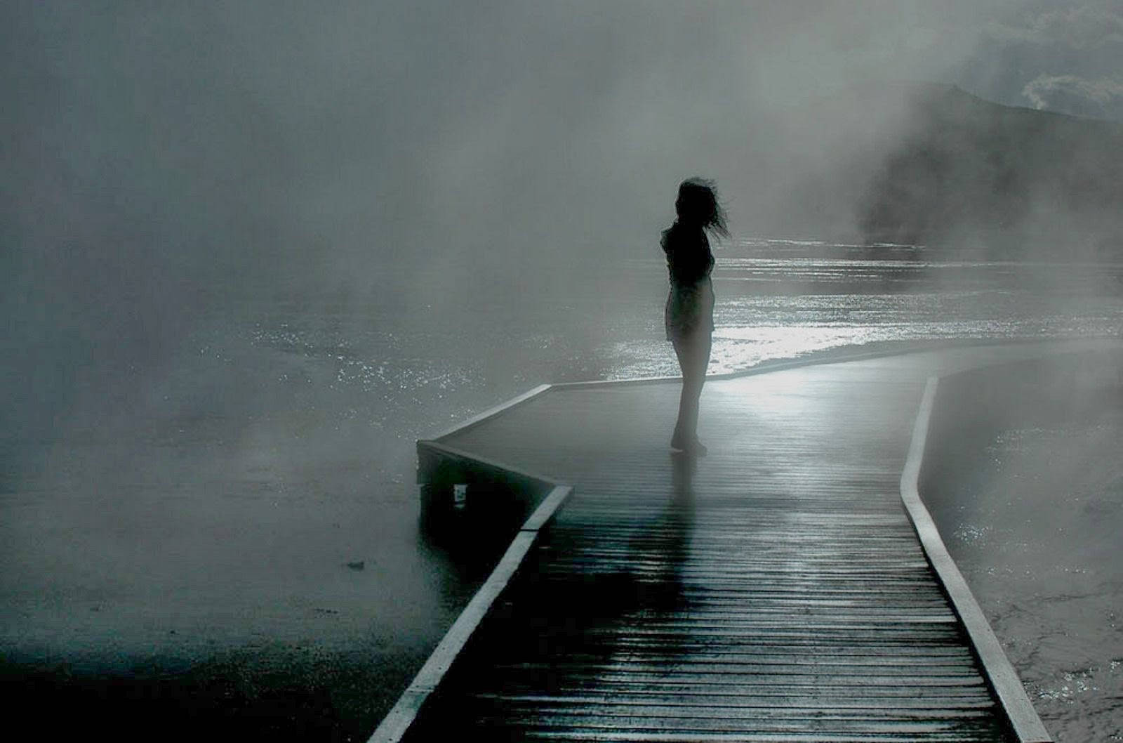 mysterious sad girl, misty wooden pier, calm reflective body of water, HD Desktop Wallpaper