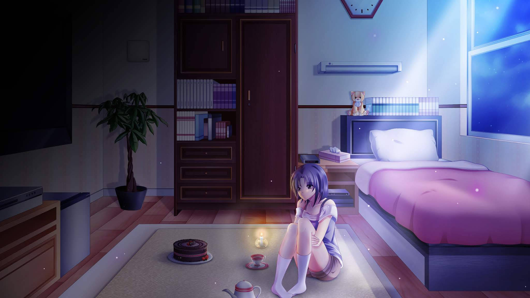 purple-haired anime girl, cozy bedroom, carpeted floor, Full HD Desktop Wallpaper