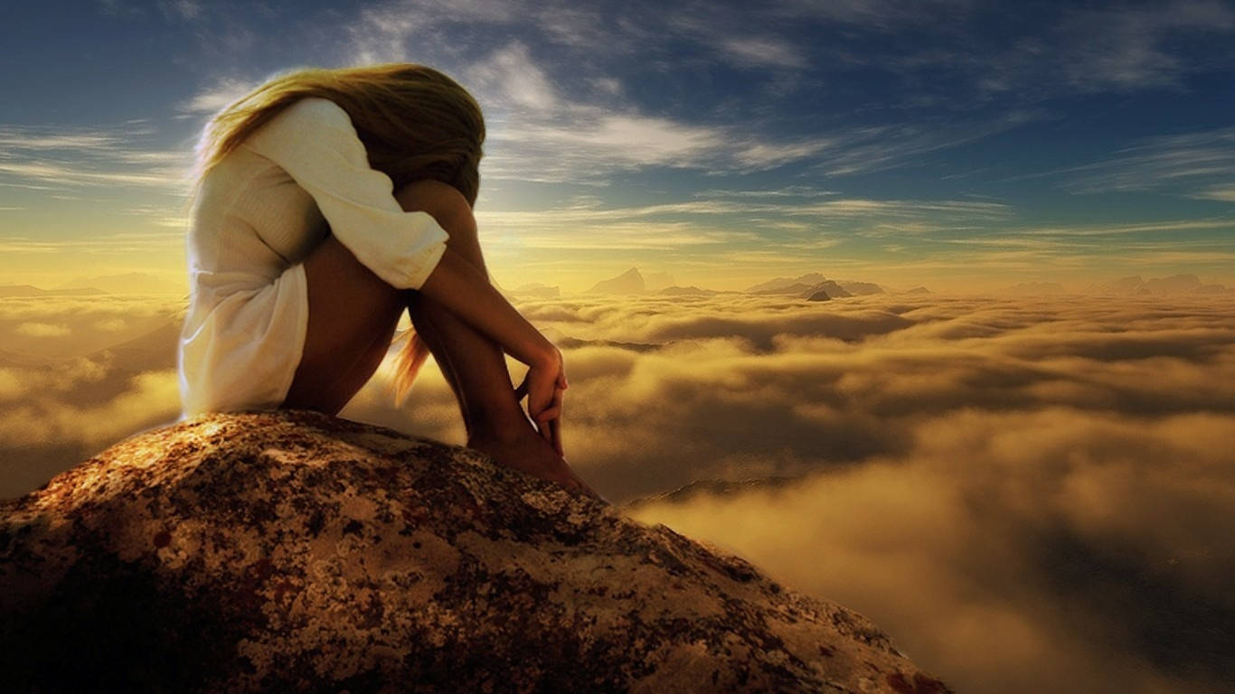 Sad Girl, golden clouds, sunrise, HD Desktop Wallpaper