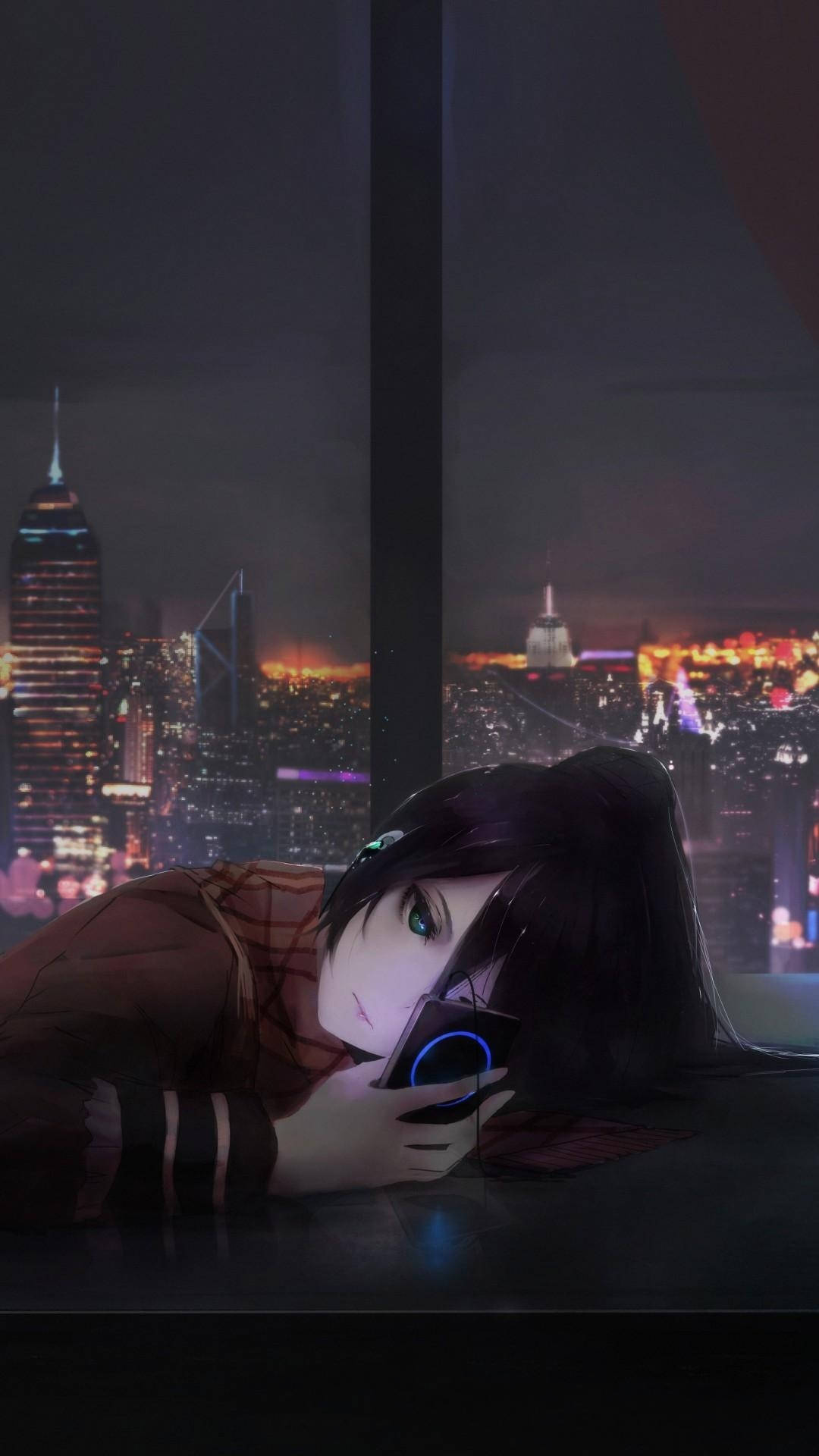anime girl, dark hair, windowsill, Full HD Phone Wallpaper
