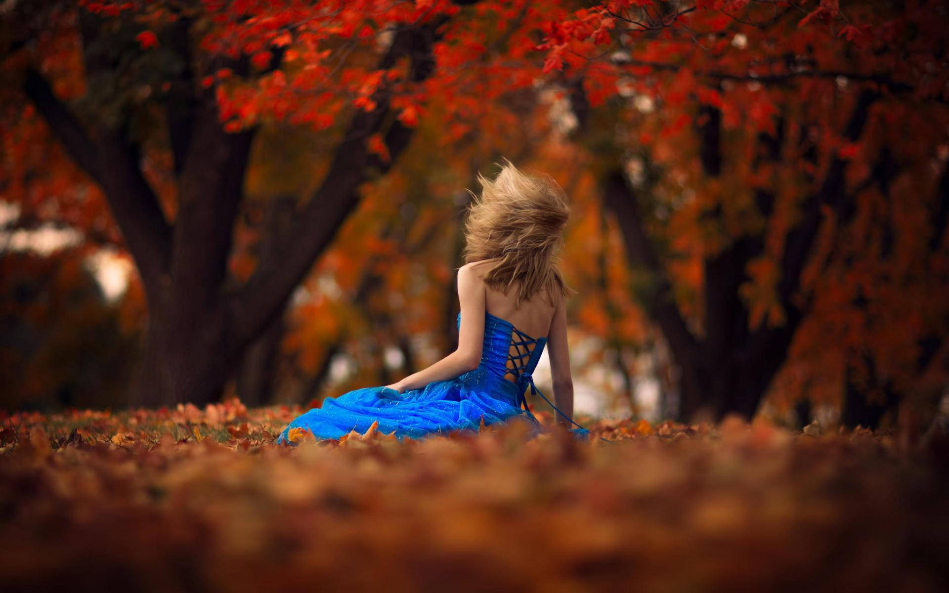 sad girl, blue dress, autumn, Full HD Desktop Wallpaper