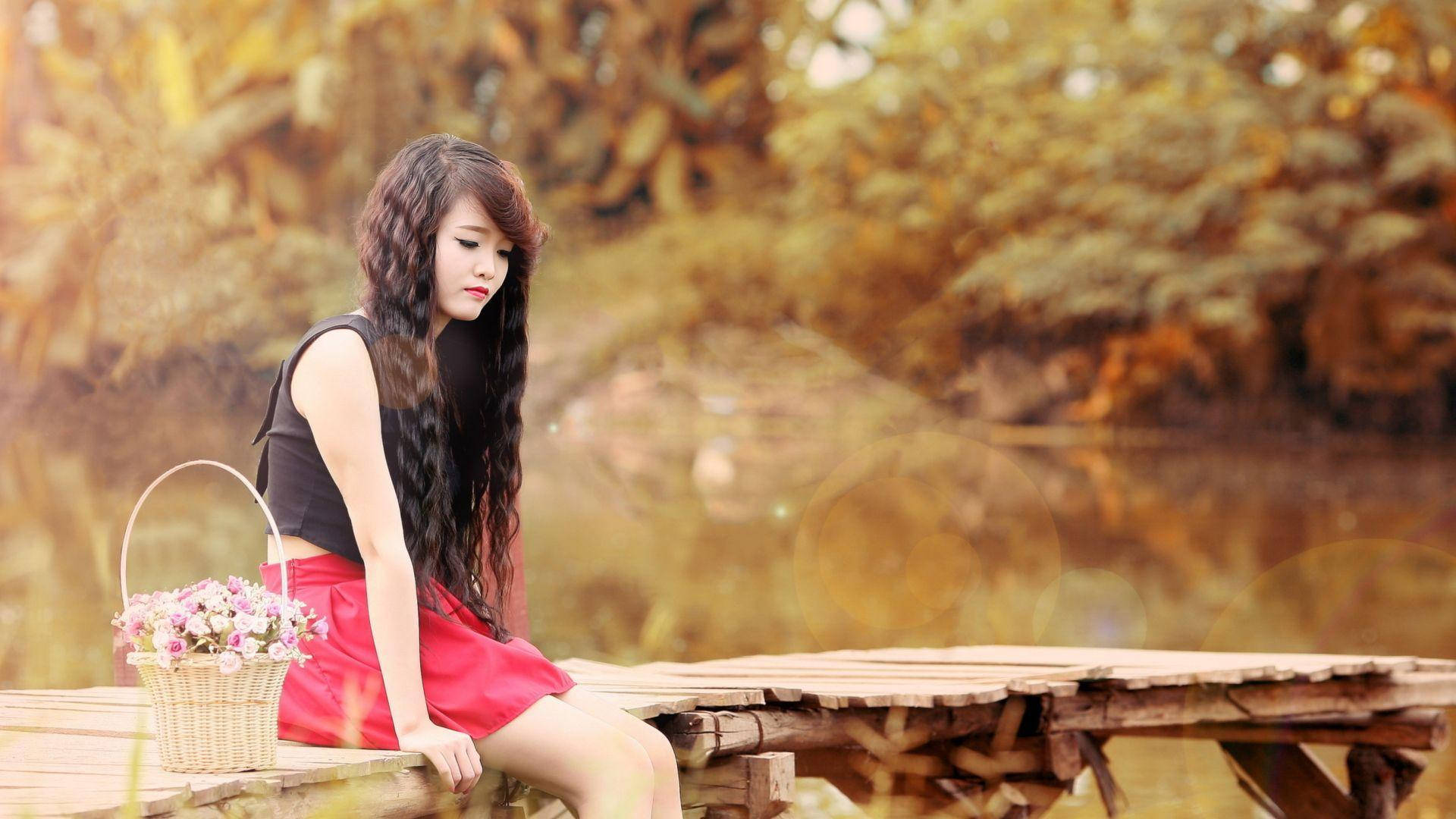 Sad Girl, curly hair, wooden dock, Full HD Desktop Wallpaper