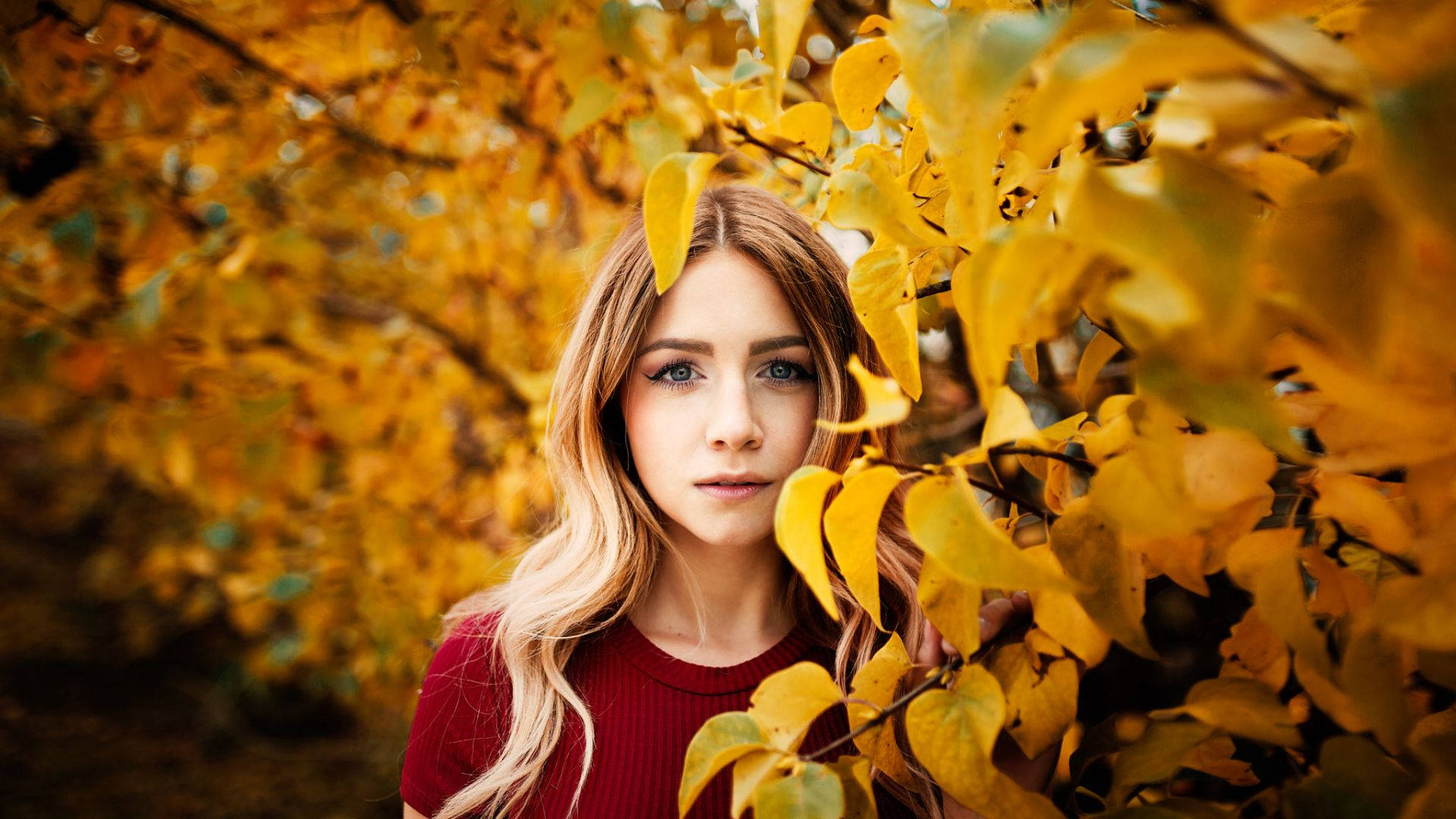 Gorgeous Sad Girl In Red, blonde hair, blue eyes, Full HD Desktop Wallpaper