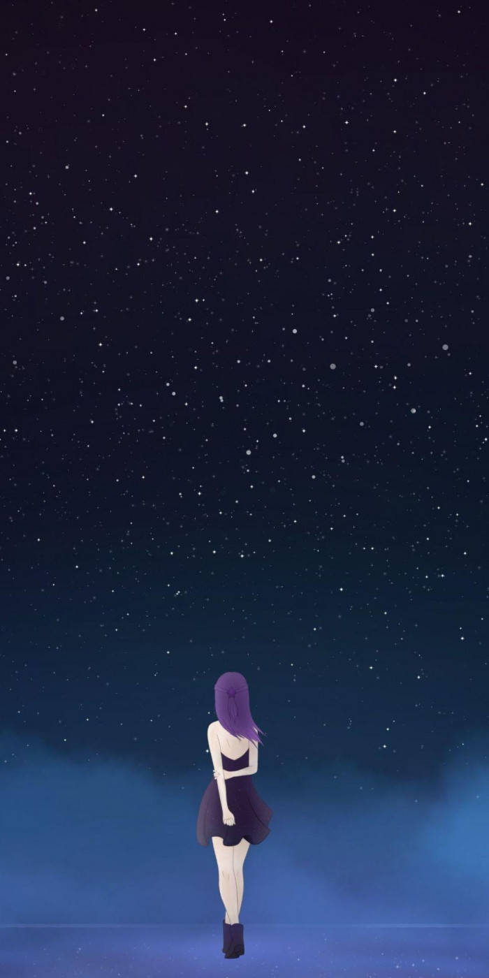 anime girl, purple hair, starry night sky, HD Phone Wallpaper