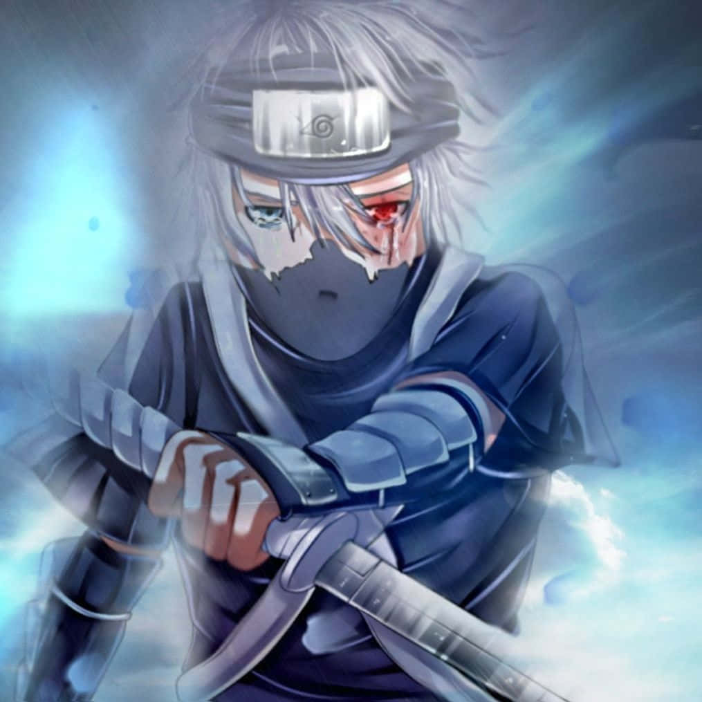 A silver-haired anime ninja with a red eye and headband grips a sword against a swirling blue energy backdrop., SD Desktop Wallpaper