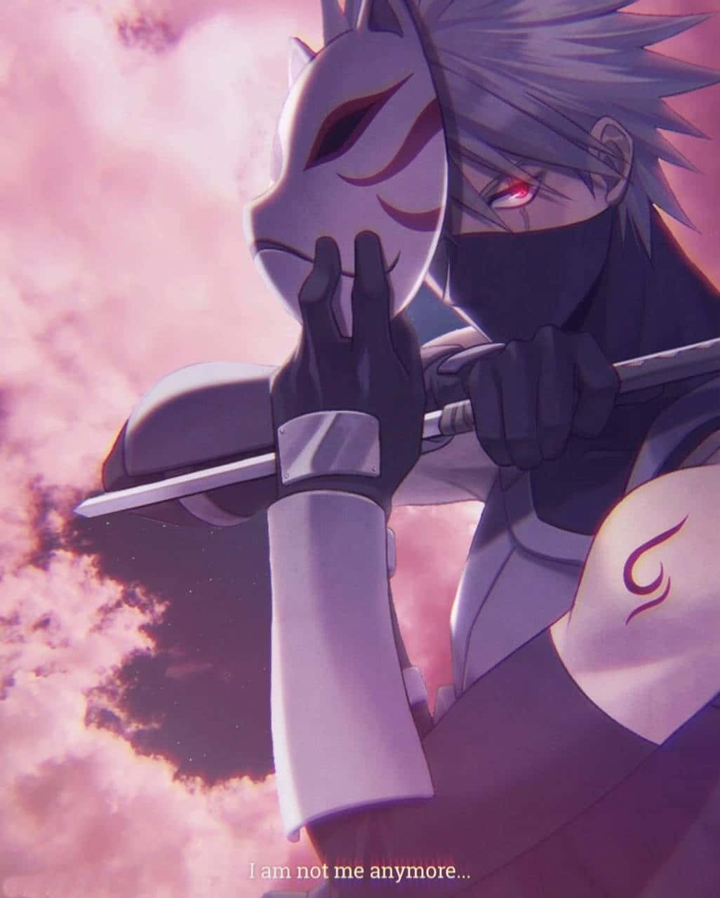A masked anime ninja with red eye and silver hair holds a sword against a pink cloudy sky., HD Phone Wallpaper