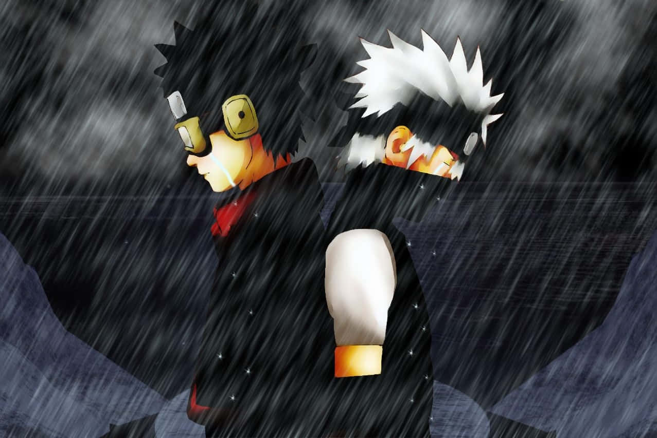 Two anime characters stand back to back in a downpour with rain streaks and dark clouds behind them., SD Desktop Wallpaper