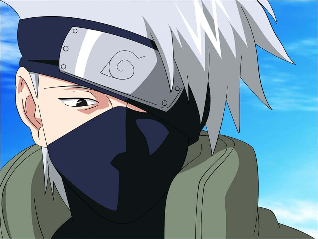 A stern anime ninja with white spiky hair and a black mask stares intently against a bright blue sky., SD Desktop Wallpaper