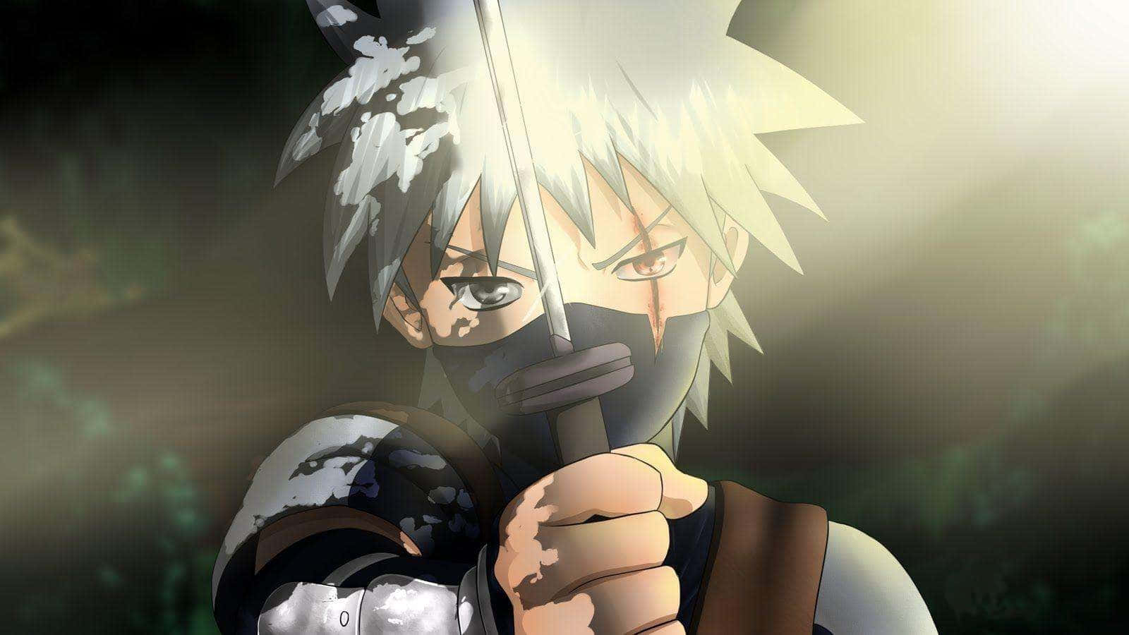 A determined anime ninja with spiky white hair grips a sword in a dimly lit forest, eyes fierce and focused., HD Desktop Wallpaper