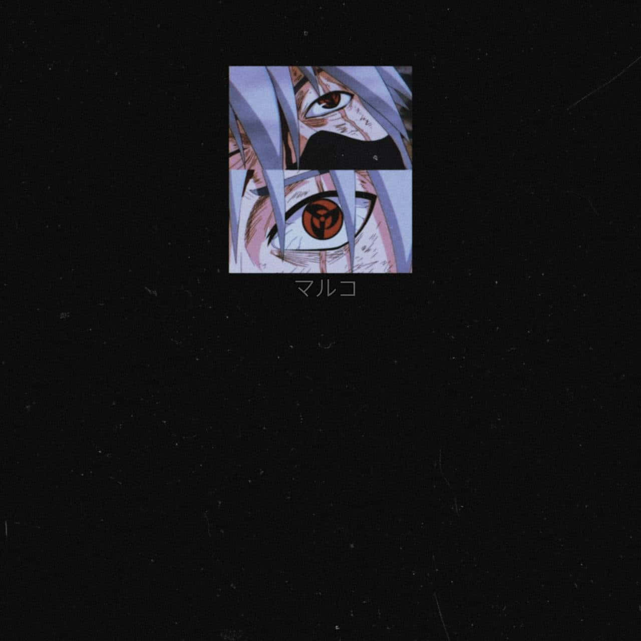 Close-up anime eyes with red tomoe and silver hair against a black textured background., HD Desktop Wallpaper