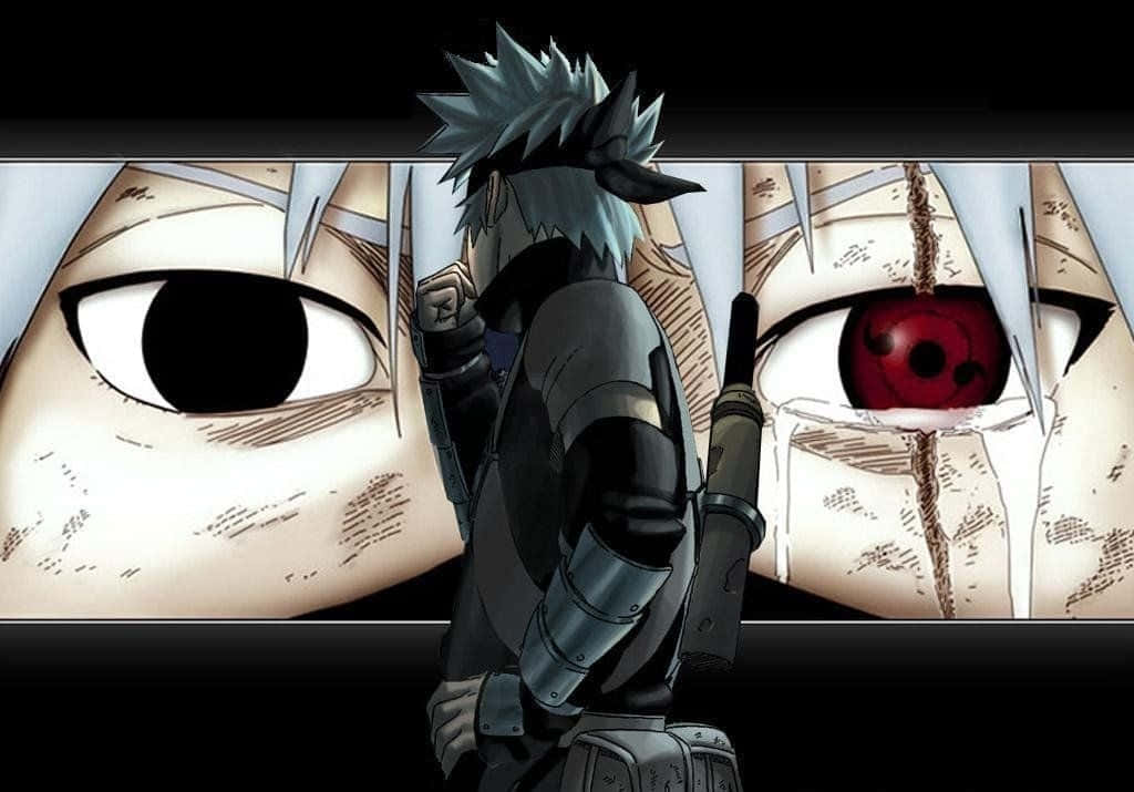 A spiky-haired anime ninja stands between two giant eyes one black one red with tomoe patterns., SD Desktop Wallpaper