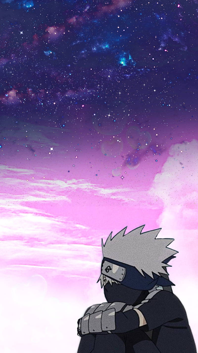 A lone anime ninja with spiky white hair gazes upward at a vibrant cosmic sky filled with stars and nebulae., HD Phone Wallpaper