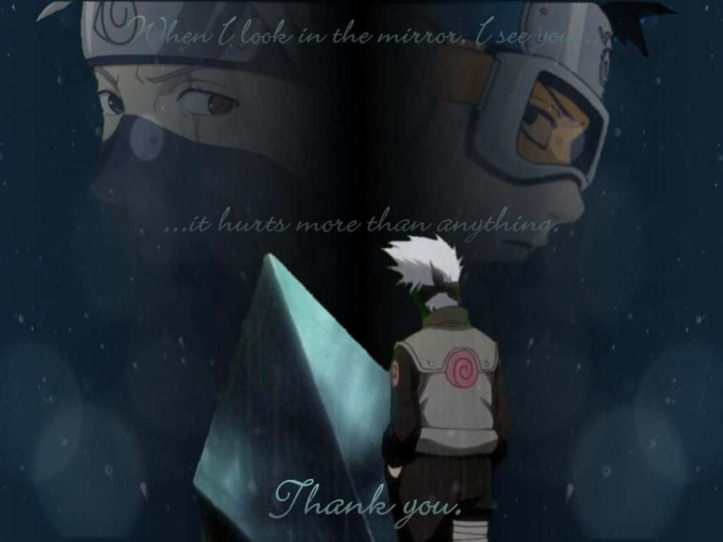 A lone anime ninja stands before a mirror reflecting his masked self in a dark rainy scene with emotional text., SD Desktop Wallpaper