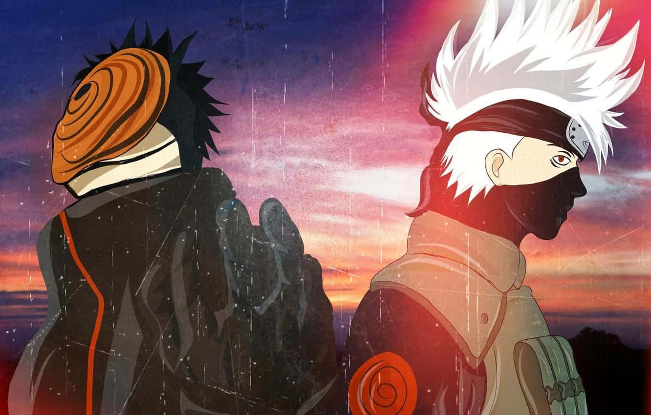 Two anime characters stand back to back under a vibrant sunset sky with rain streaks and glowing clouds., HD Desktop Wallpaper