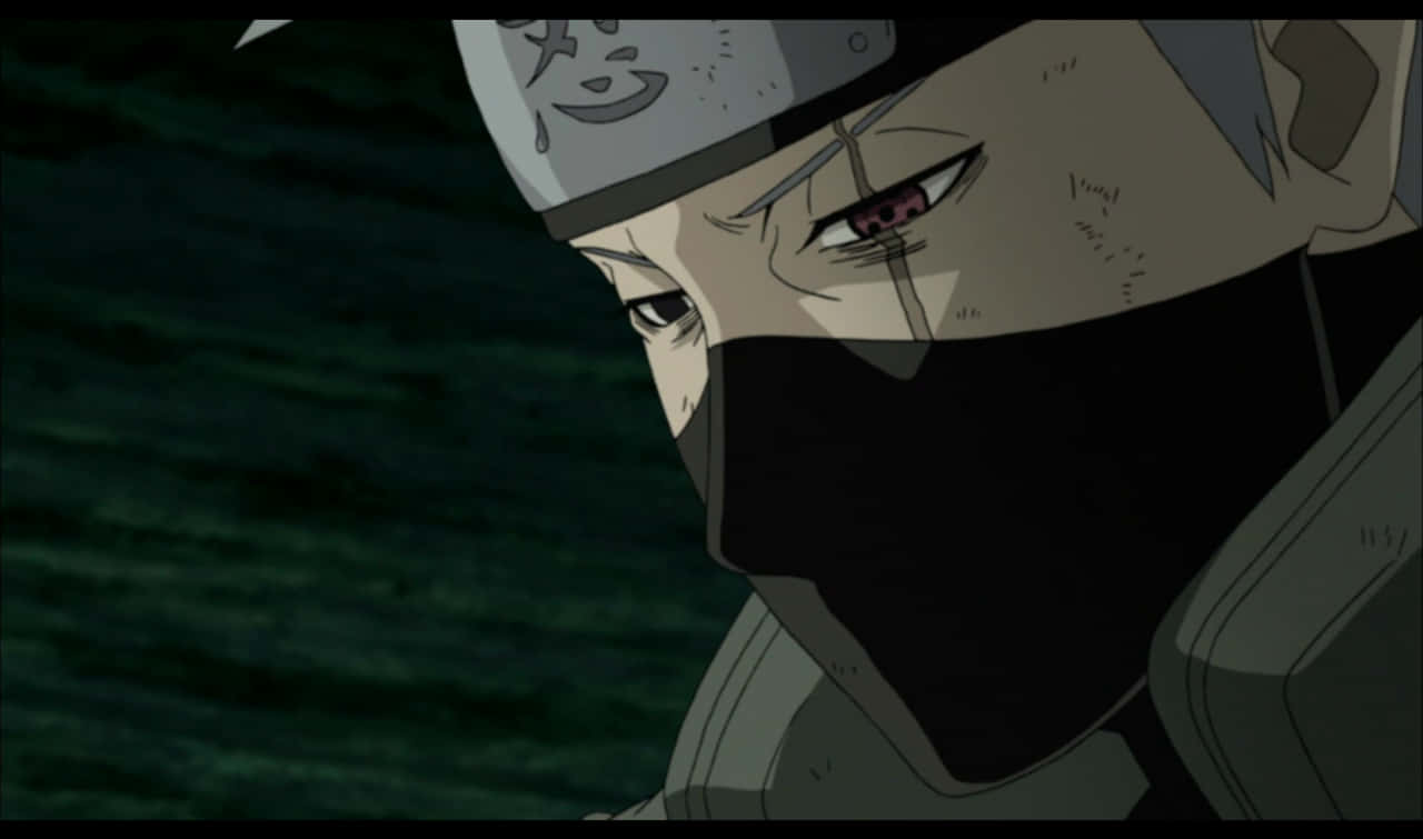 A close-up anime ninja with a black mask and red eye stares intensely against a dark green watery background., HD Desktop Wallpaper