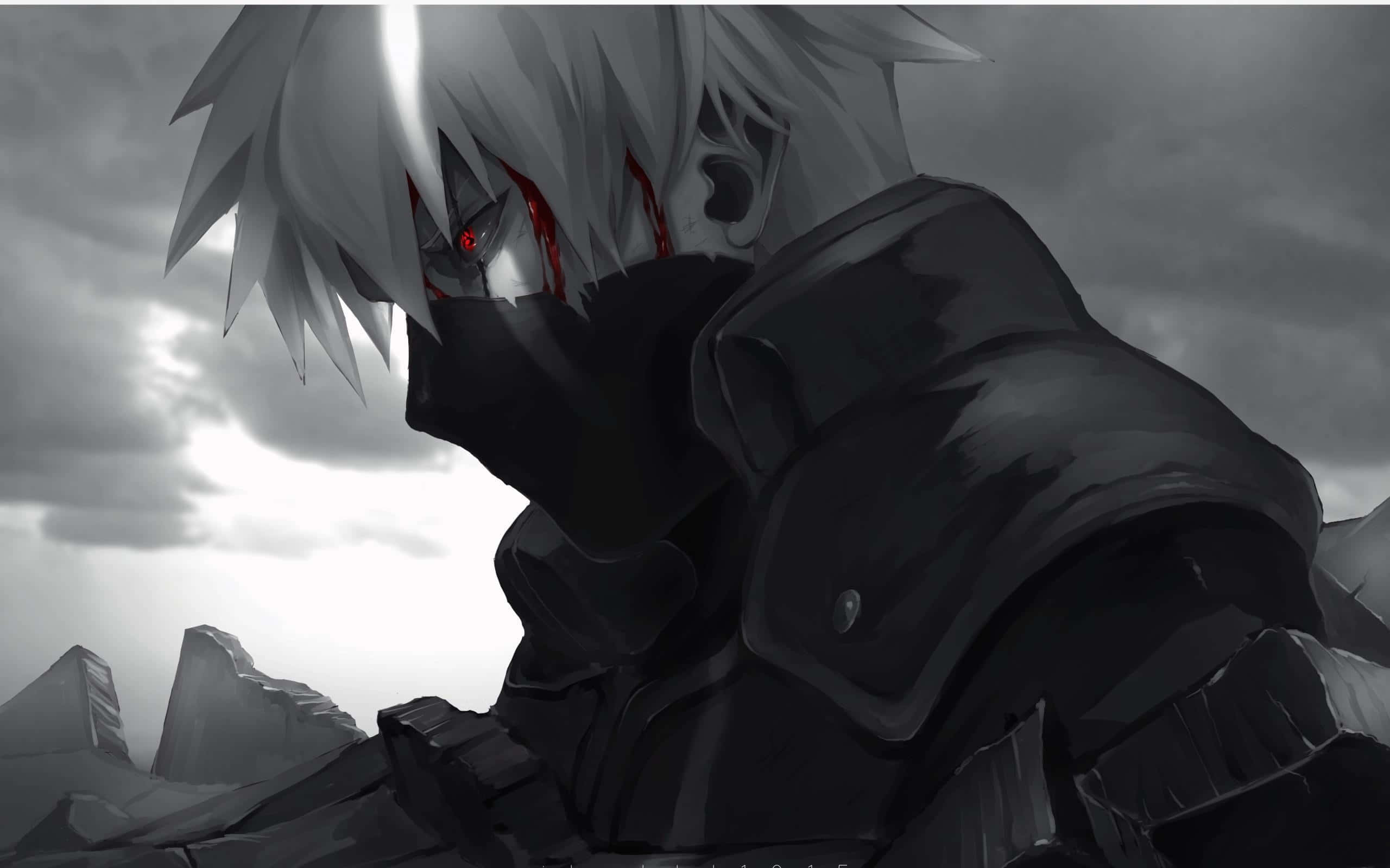 A silver-haired anime warrior with red eyes and blood streaks stands in a desolate rocky landscape under a stormy gray sky., 2K Desktop Wallpaper