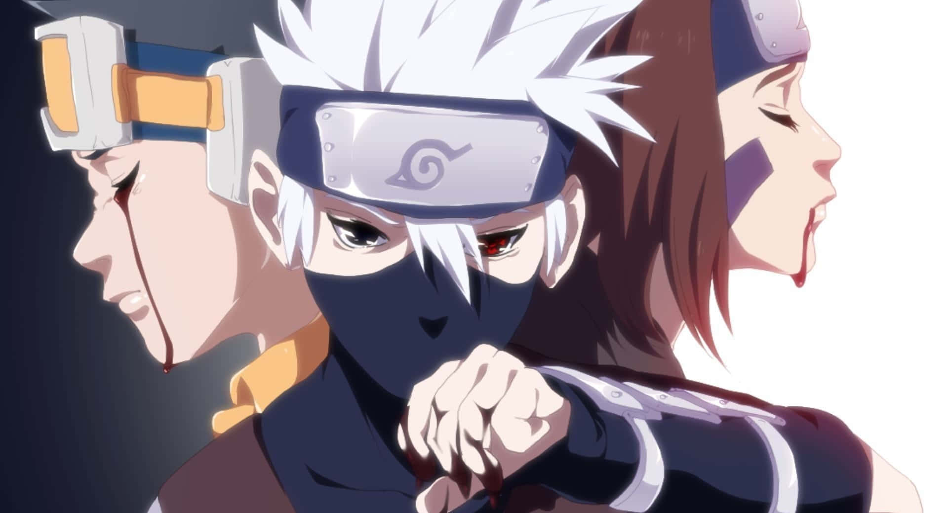 Three anime characters in ninja gear with bloodied faces and determined expressions in a dramatic close-up., Full HD Desktop Wallpaper